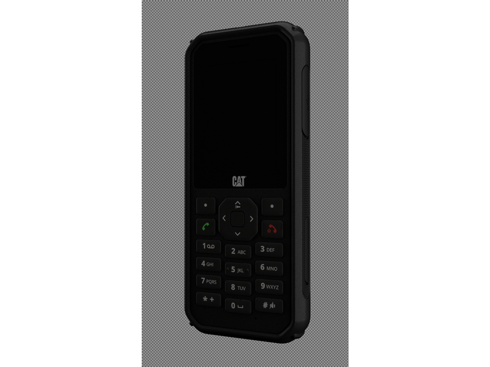 Czarny telefon CAT. Ma klawiaturę, ekran i logo CAT, wszystko na szarym tle.