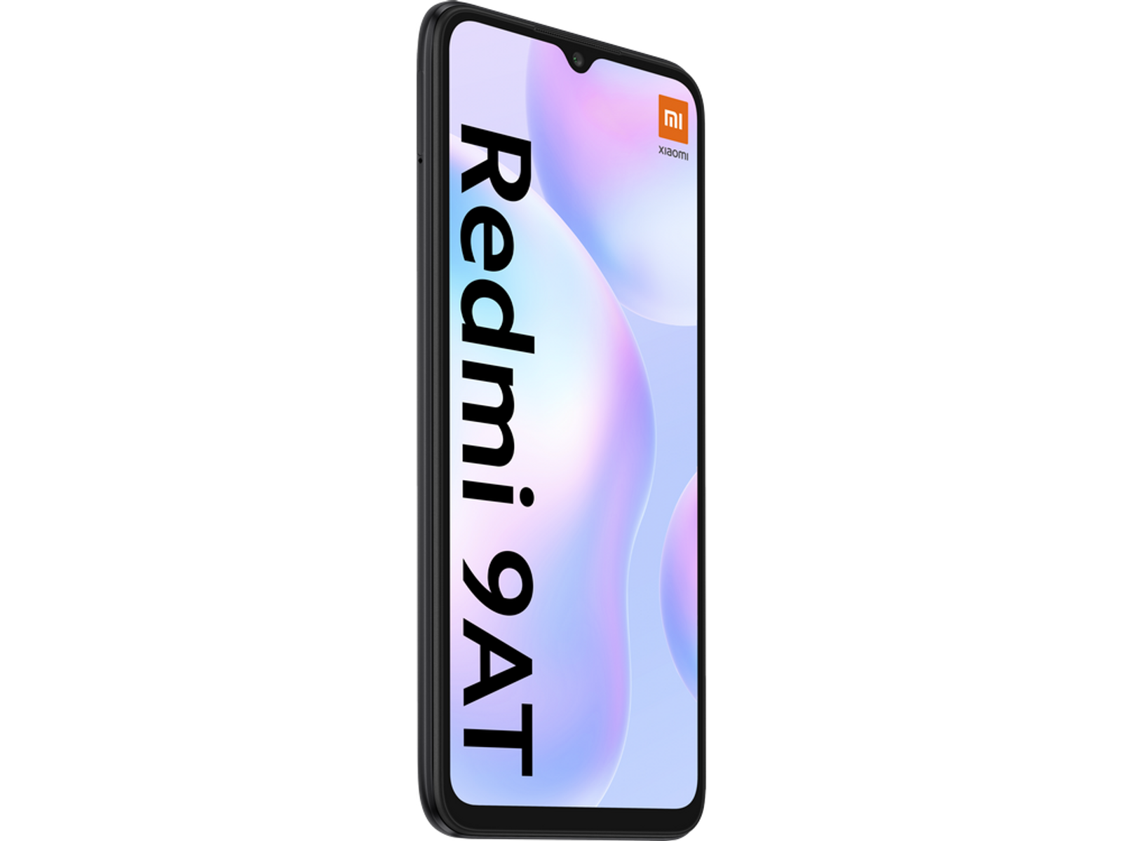 Czarny telefon Redmi 9AT, ekran wyświetlający kolorową grafikę i logo Xiaomi u góry po prawej.