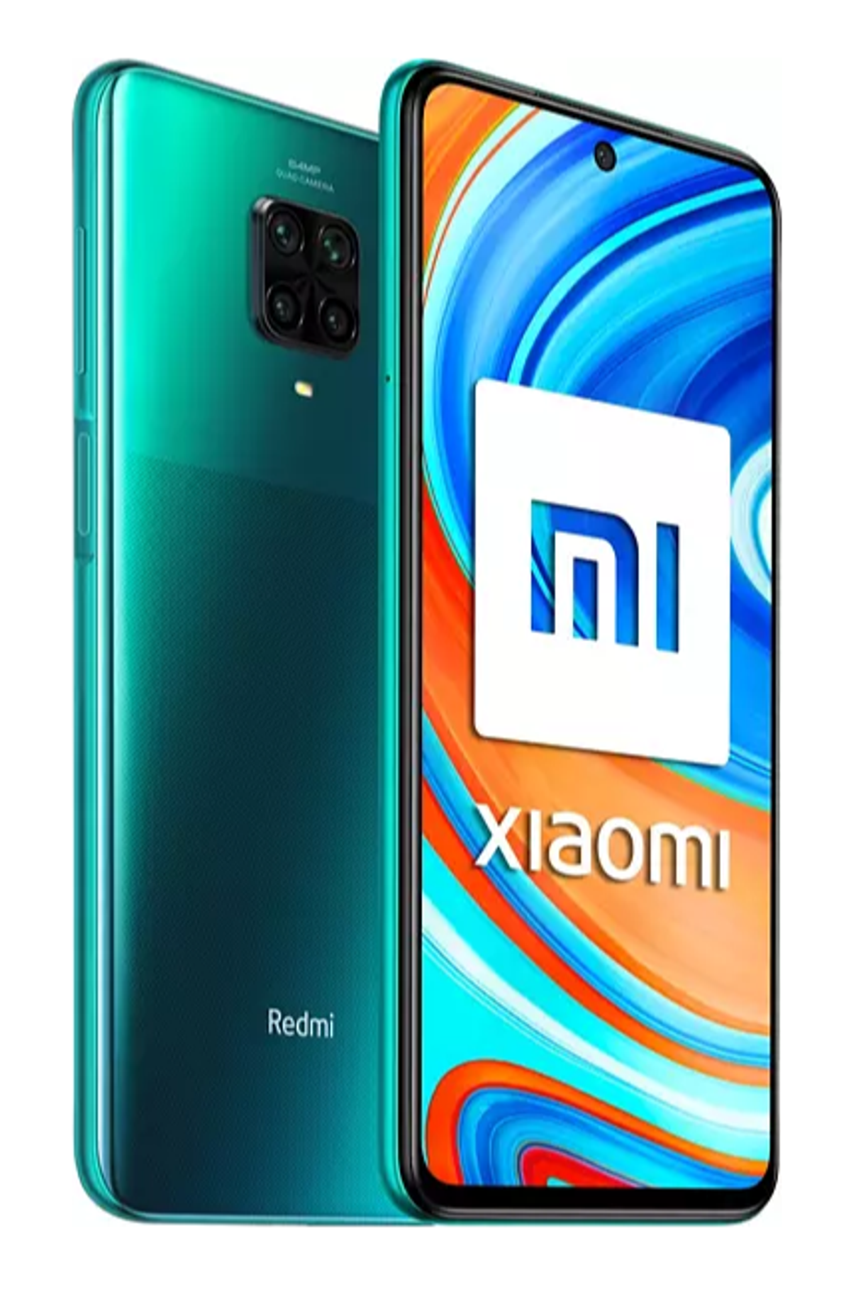 Zielony smartfon, pokazujący tył i przód. Widoczne logo Xiaomi.