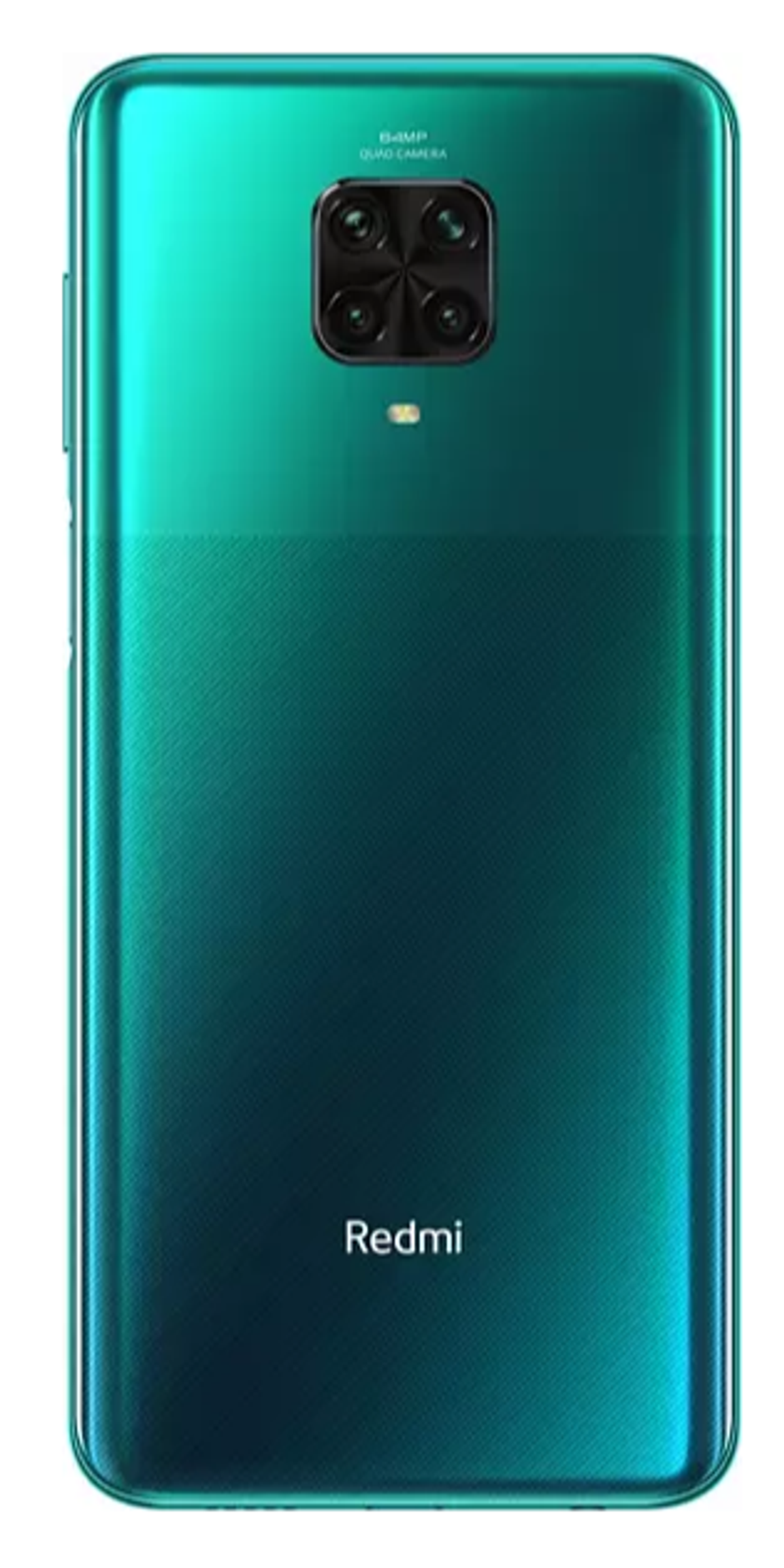 Turkusowy smartfon, tyłem do góry. Z tyłu aparat i logo Redmi.