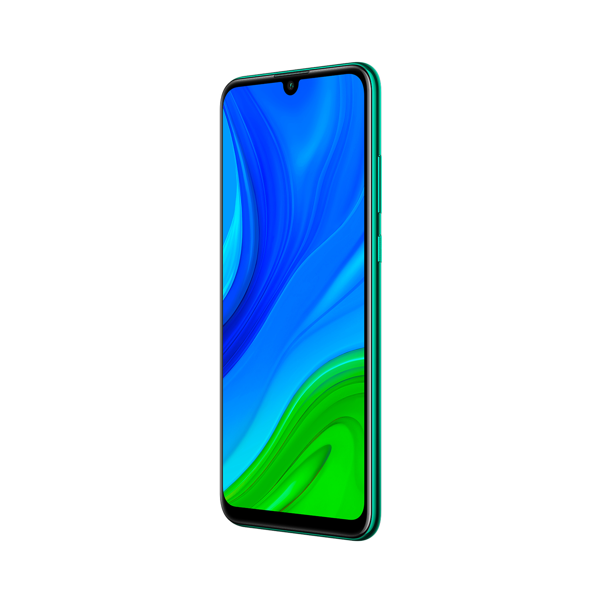 Grünes Smartphone mit blauem und grünem Bildschirm, isoliert auf weißem Hintergrund.