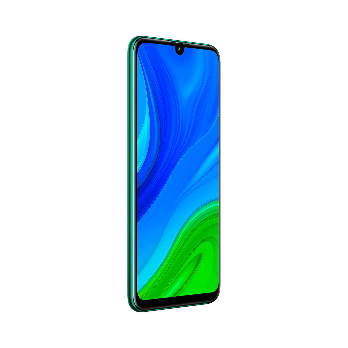 Grünes Smartphone auf Weiß, Bildschirm zeigt blaue und grüne Wellen.
