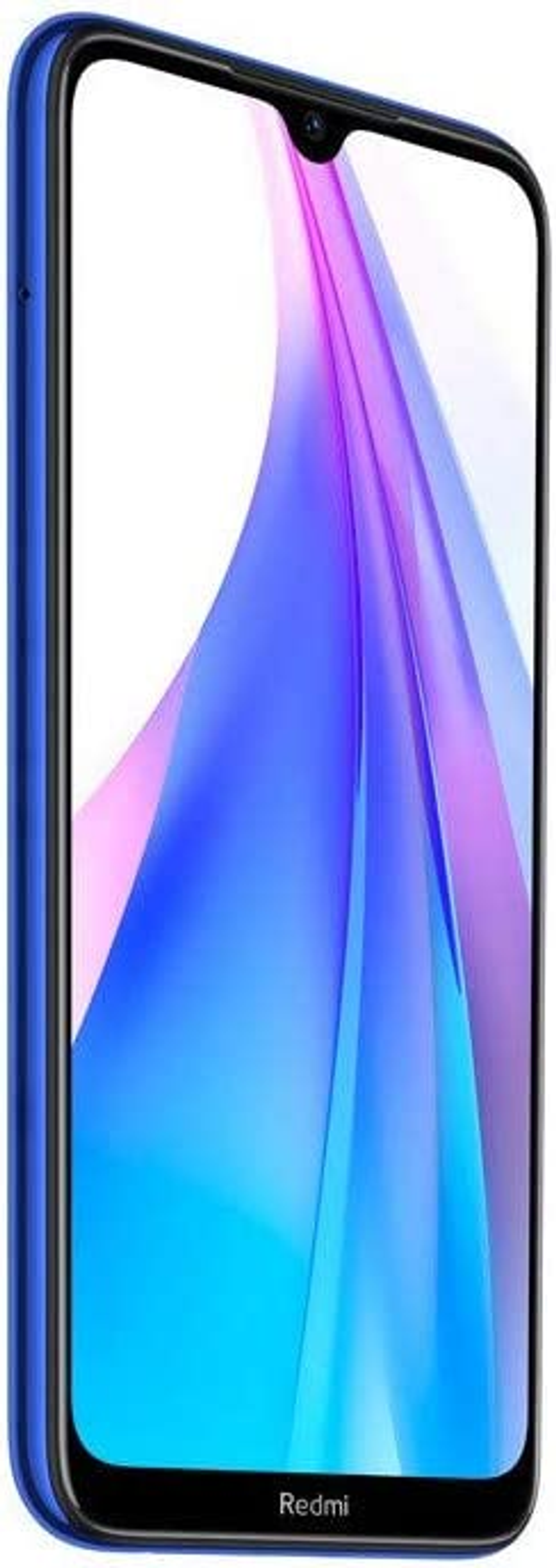Blaues Redmi-Telefon mit Bildschirm, der ein farbenfrohes abstraktes Bild zeigt.