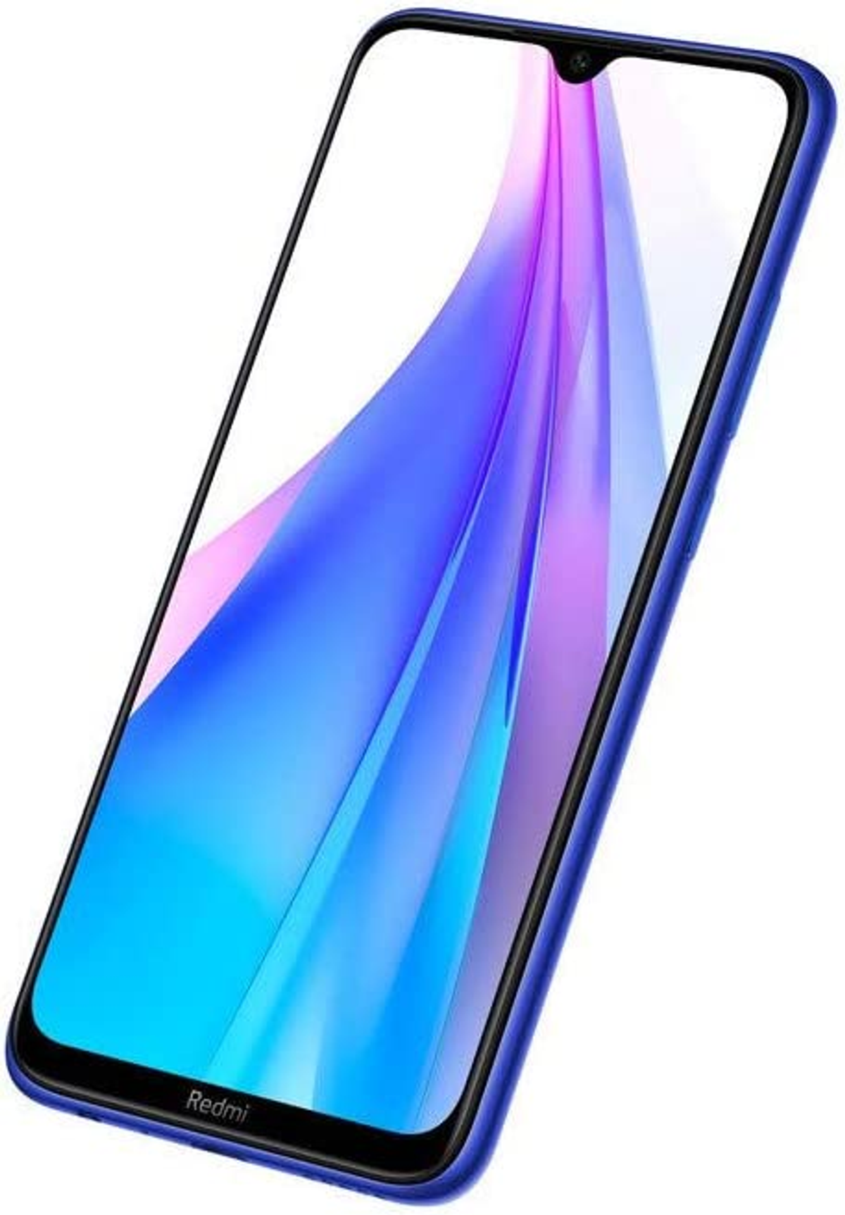 Blaues Telefon abgewinkelt, zeigt den Bildschirm mit blauem und violettem abstraktem Design. Der Hintergrund ist weiß.
