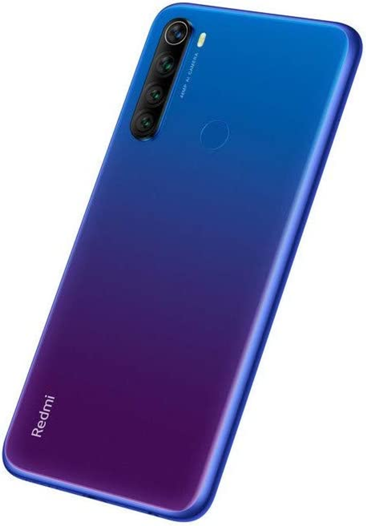 Blau-lila Smartphone mit Farbverlauf und mehreren Kameras auf der Rückseite. Redmi-Logo sichtbar.