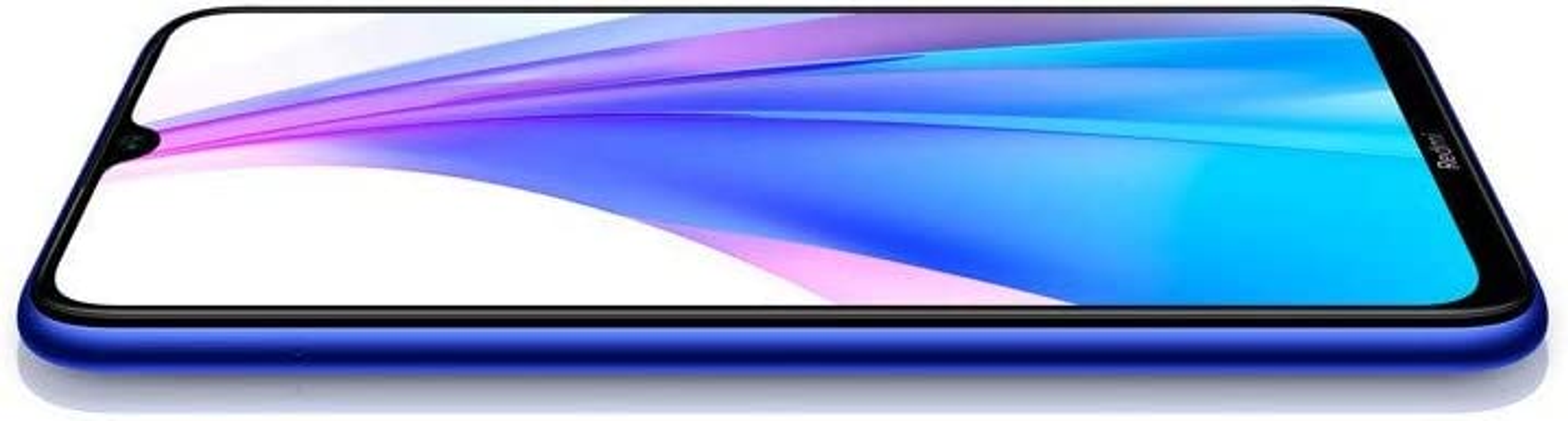 Ein blaues Smartphone mit farbenfrohem Bildschirm wird angezeigt. Das Telefon ist abgewinkelt.