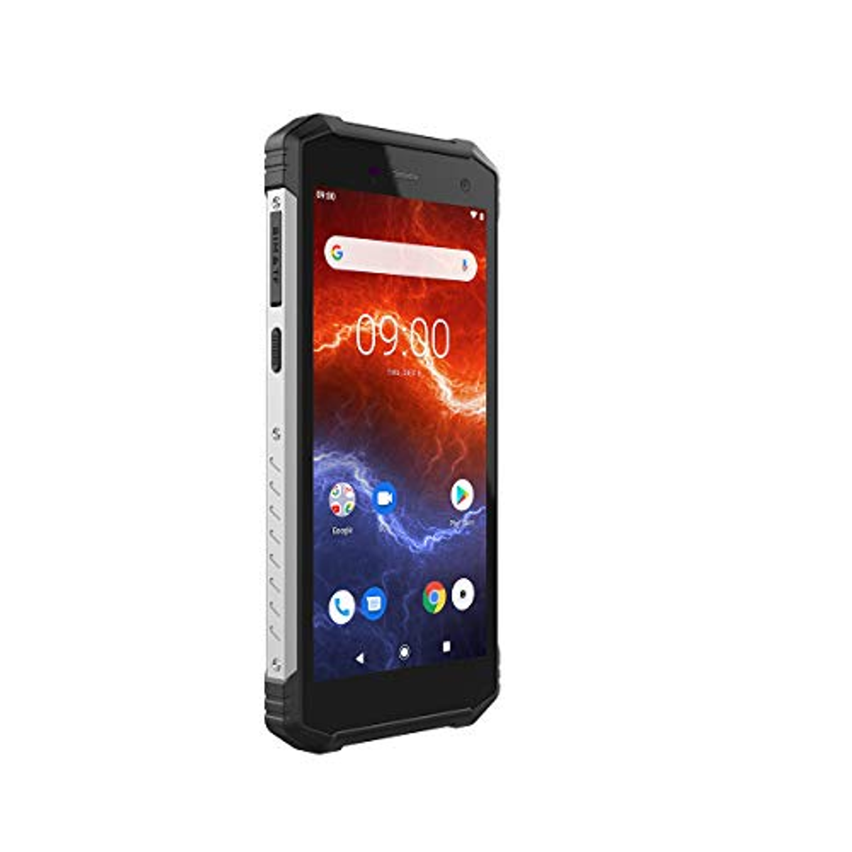 Schwarzes, robustes Telefon mit Bildschirm, der die Uhrzeit und Google-Apps anzeigt.