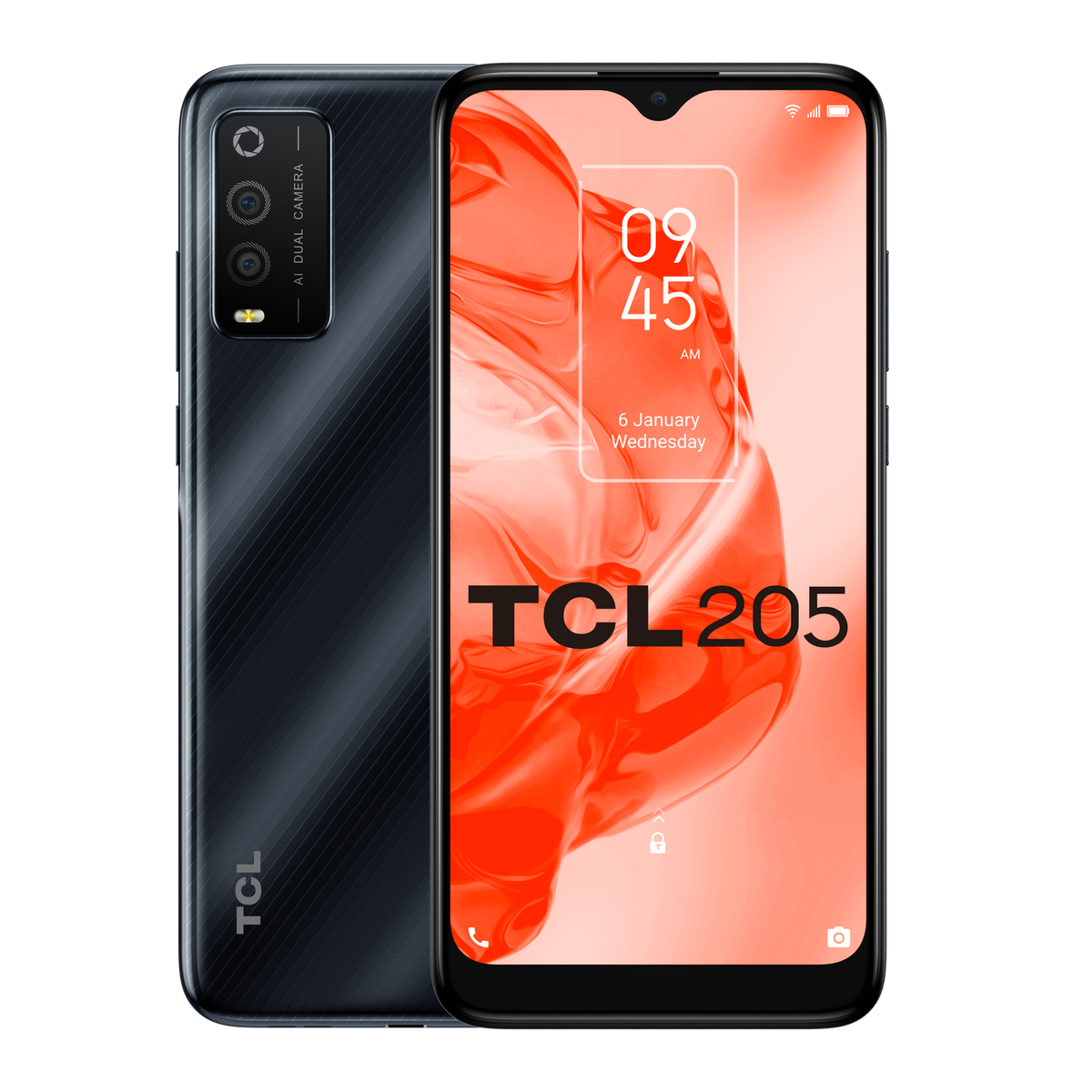 Czarny telefon TCL 205, pokazujący tył i przedni ekran wyświetlający godzinę i datę.