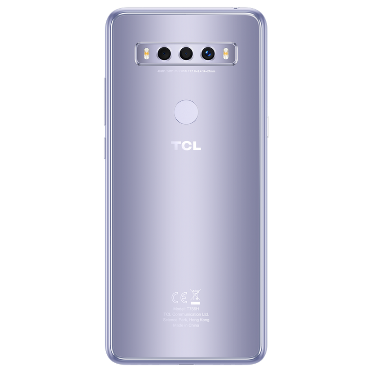 Retro del telefono viola con quattro fotocamere, sensore di impronte digitali e logo TCL.
