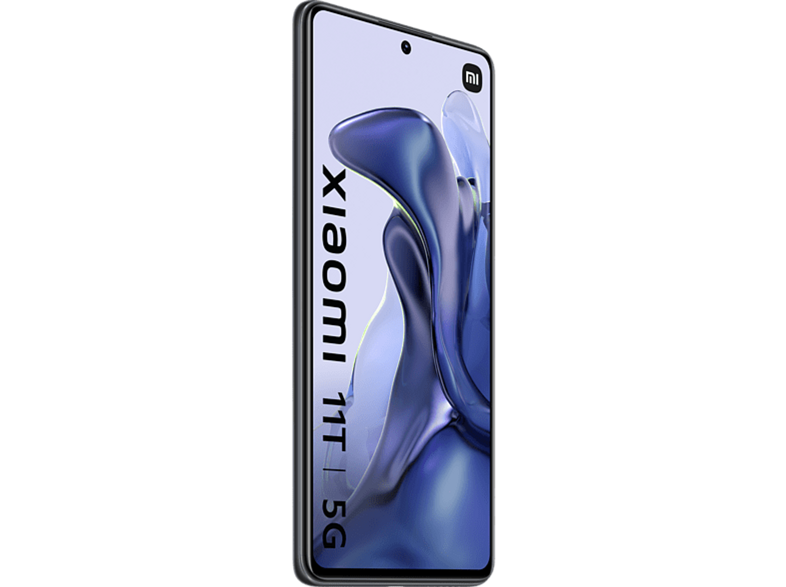 Zwarte smartphone met een groot scherm. De achtergrond is zwart.