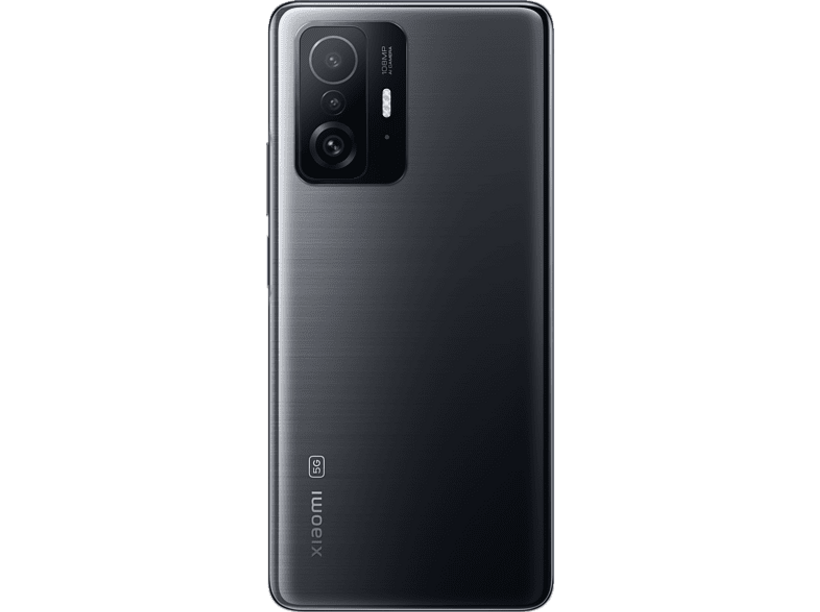 Zwart telefoonachterzijde. Cameramodule met drie lenzen, Xiaomi 5G-logo.