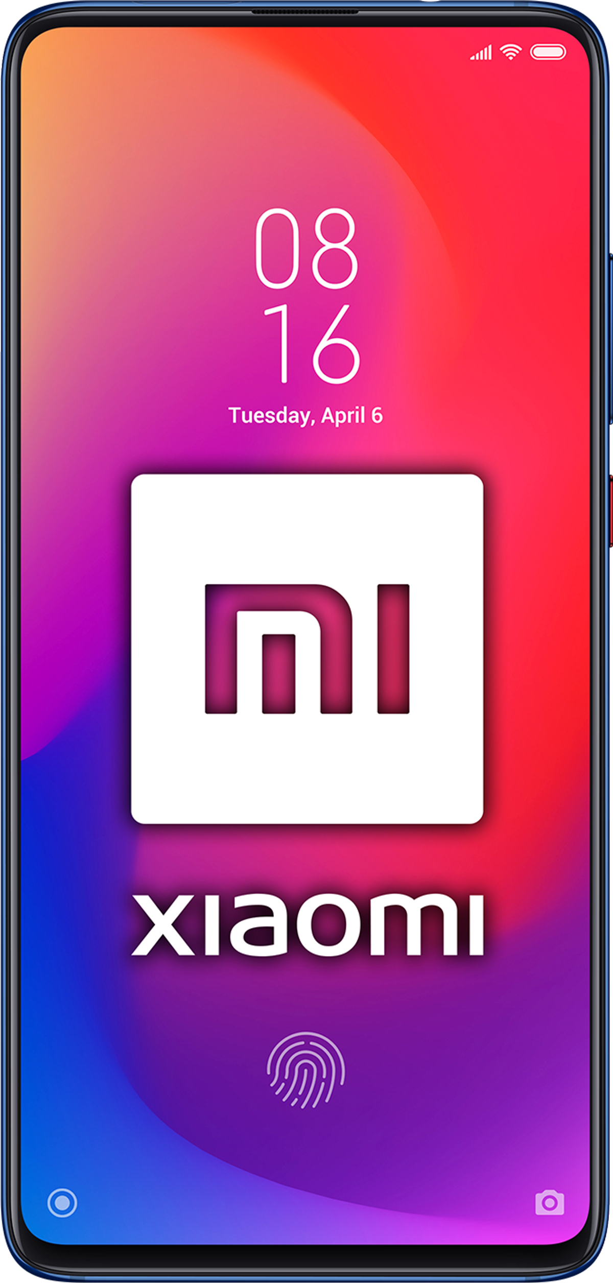 Ein Smartphone mit blauem Farbverlauf-Hintergrund und weißem Xiaomi-Logo. Uhrzeit und Datum werden angezeigt.