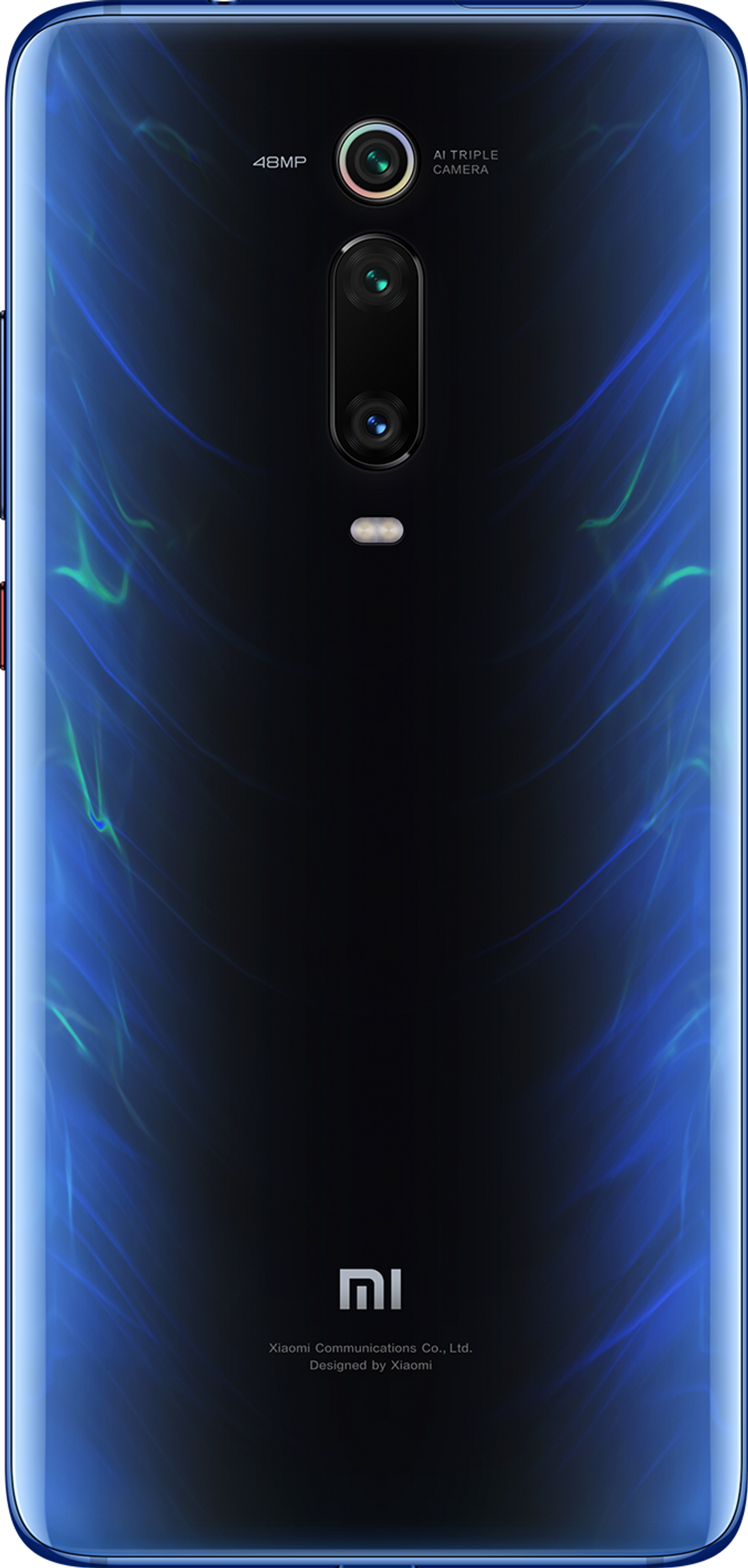 Smartphone-Rückseite mit dunkelblauem Design, Dreifachkamera und Logo unten. Der Hintergrund ist schwarz.