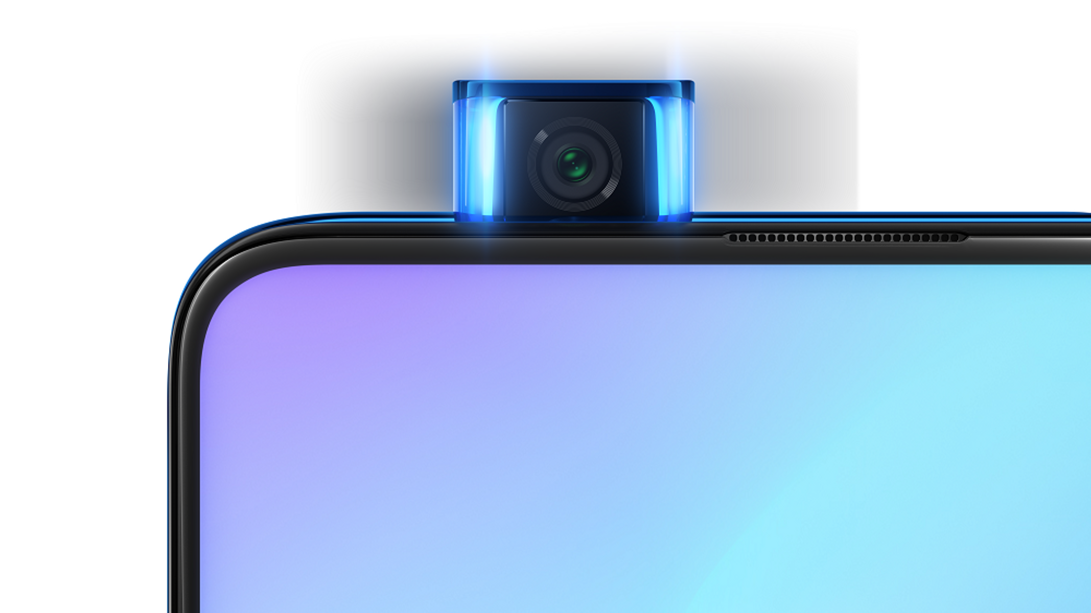 Telefon mit Pop-up-Kamera, beleuchtet mit blauem Licht.