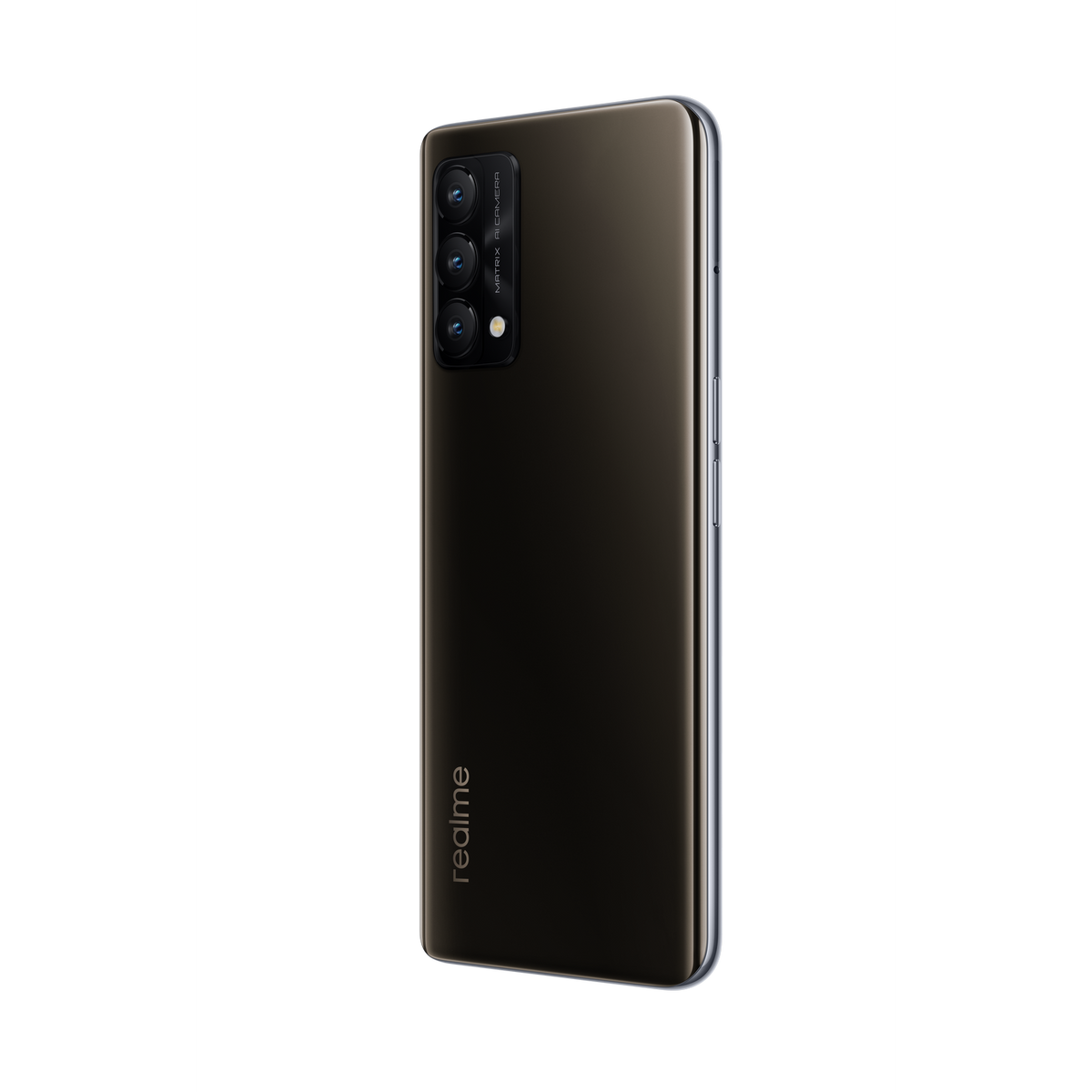 Czarny smartfon lekko pod kątem. Tył pokazujący aparaty i logo realme.