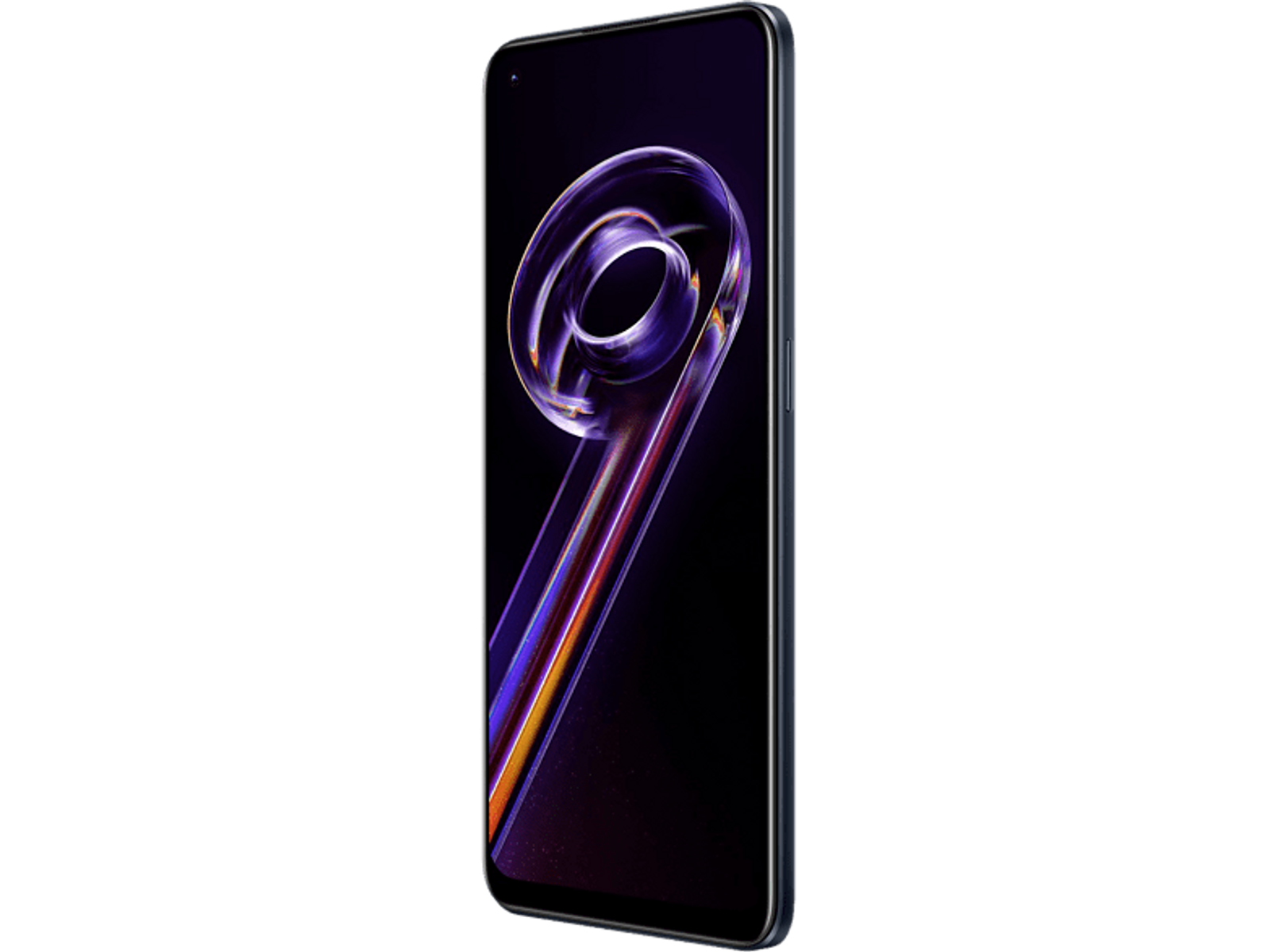 Smartphone con schermo curvo. Schema colori viola e oro. Sfondo nero.