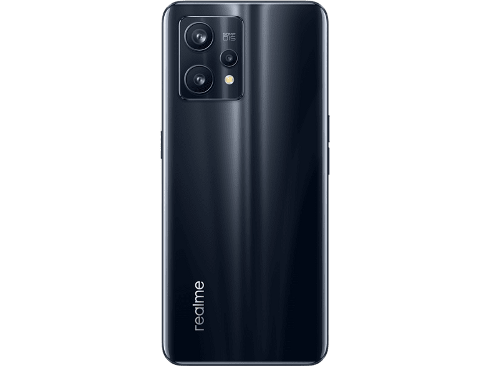 Retro telefono nero con più fotocamere, flash e logo realme, su sfondo nero.