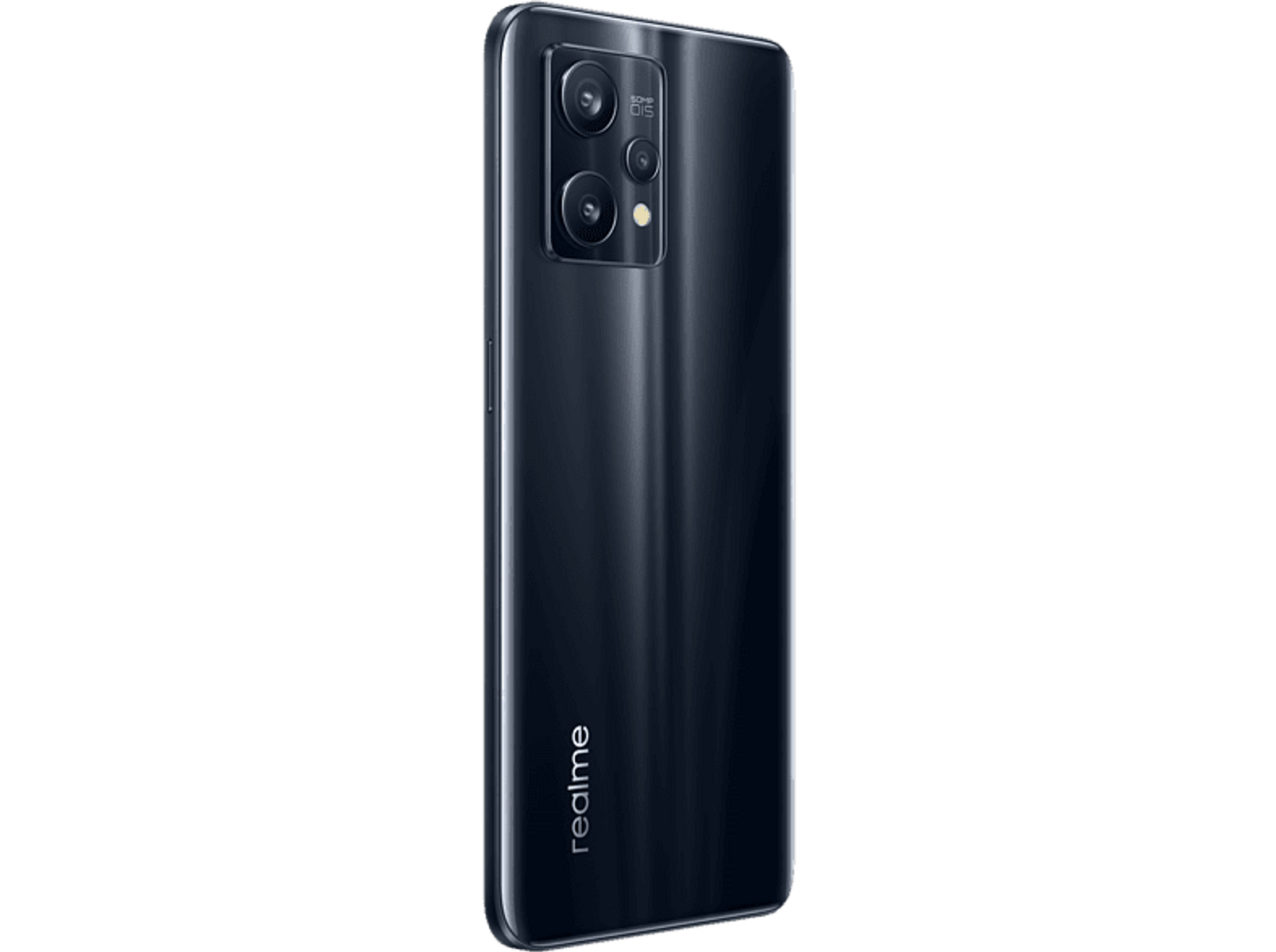 Telefono nero, vista posteriore, configurazione a tripla fotocamera. Logo Realme in basso, sfondo nero.