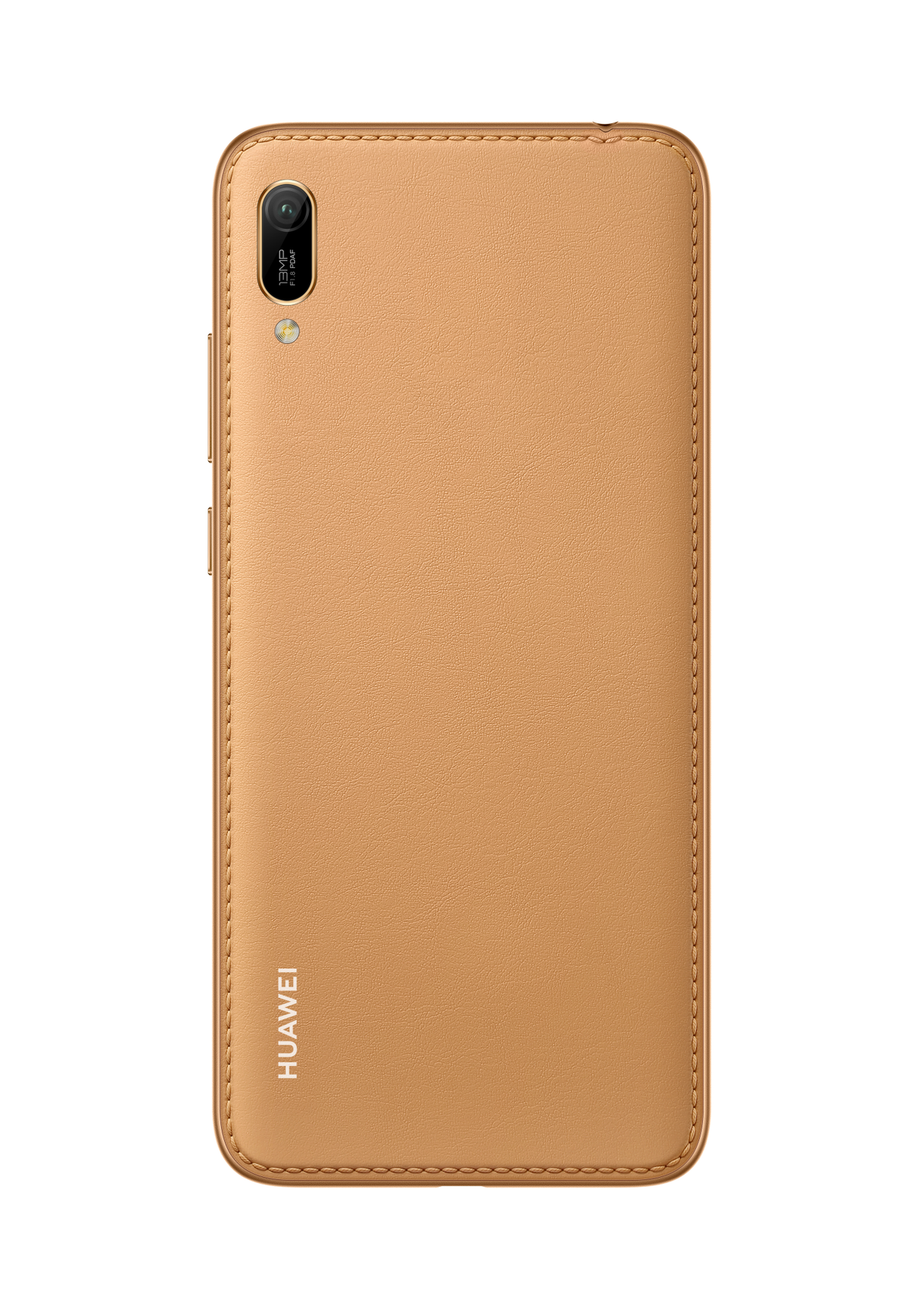 Tył smartfona Huawei w kolorze piaskowym. Widoczny aparat i logo Huawei. Leży płasko na białym tle.