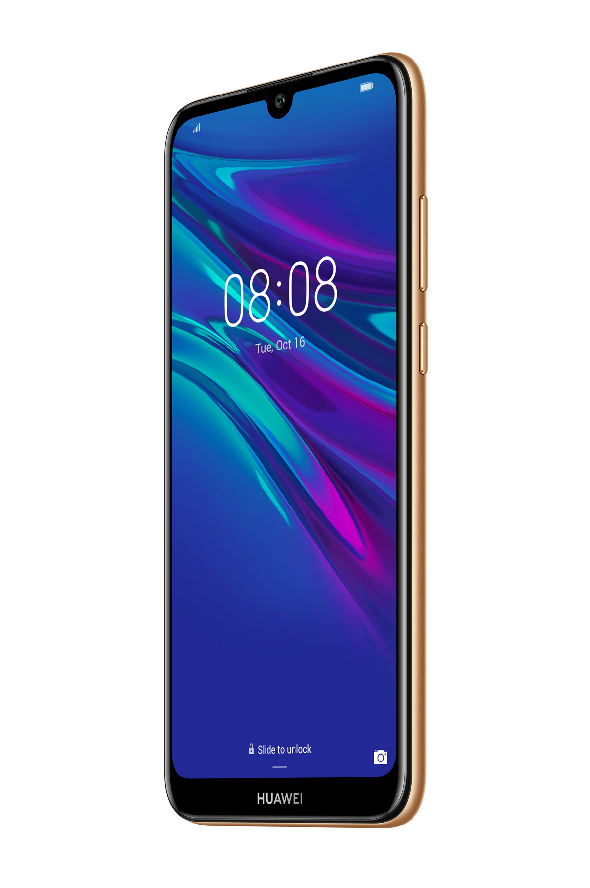 Złoty smartfon Huawei z niebiesko-fioletowym ekranem, wyświetlającym godzinę i datę.