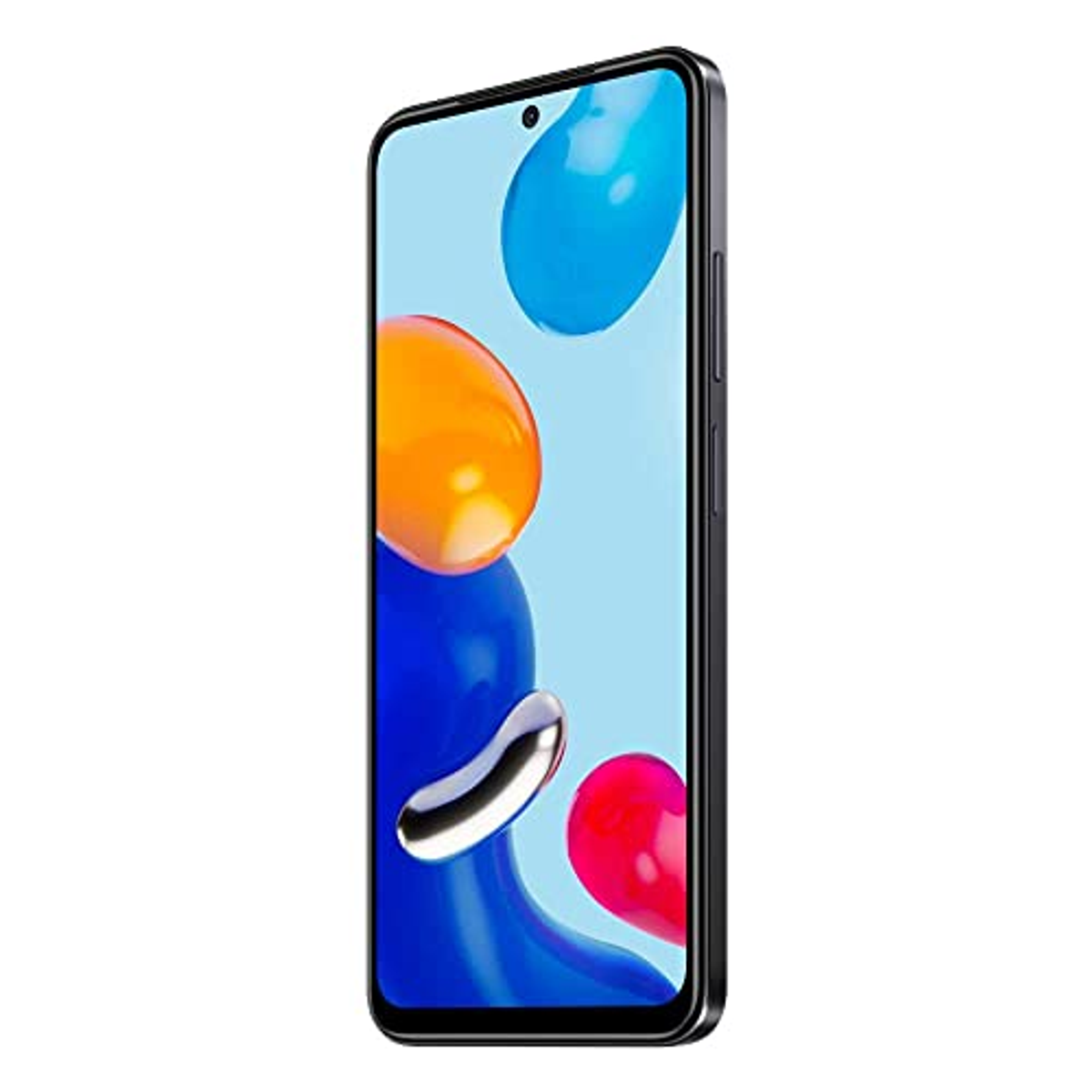 Schwarzes Telefon, schräge Ansicht, Bildschirm mit bunten Formen, weißer Hintergrund.