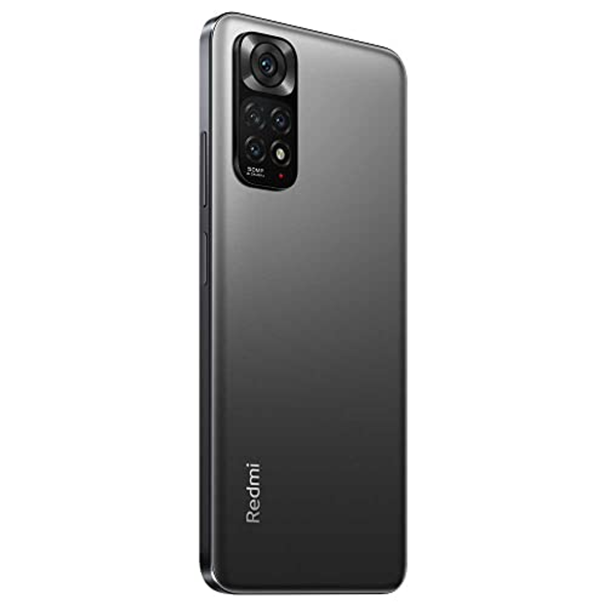 Graue Smartphone-Rückseite mit Redmi-Logo. Vier Kameraobjektive und Blitz. Schwarzer Farbverlauf.