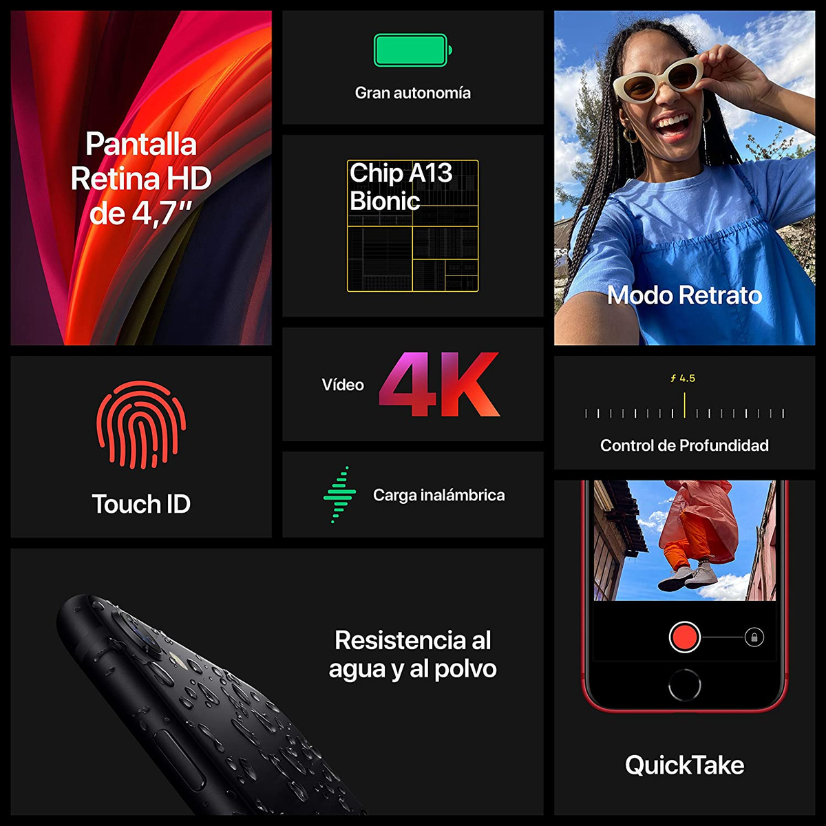 Prezentacja produktu z funkcjami telefonu, w tym kobieta robiąca selfie i telefon.
