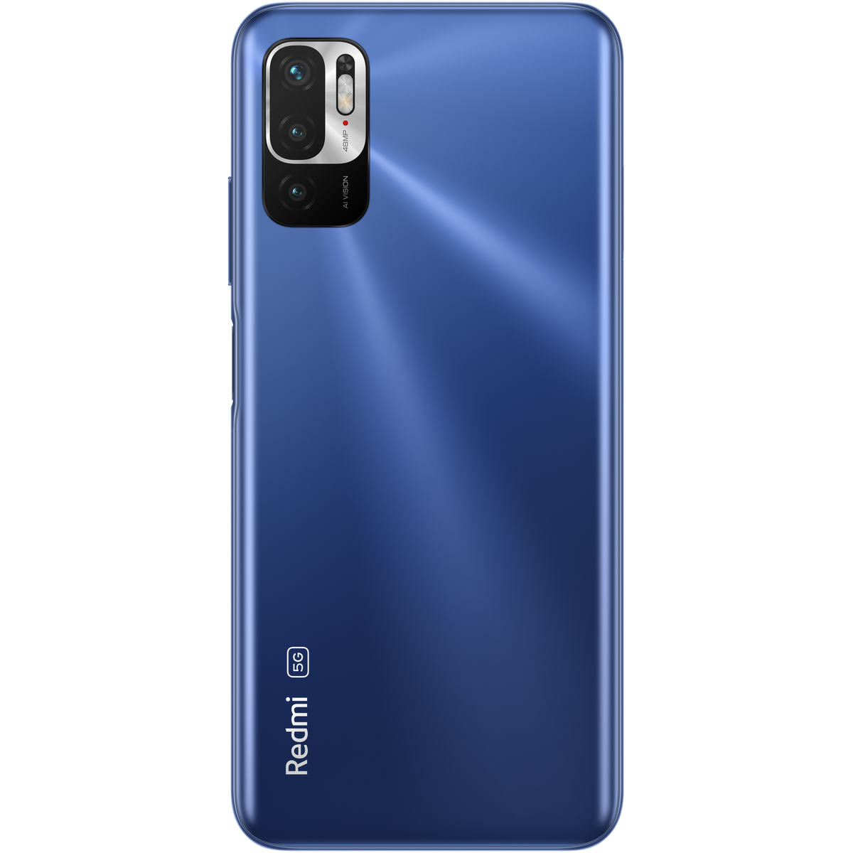 Niebieski widok z tyłu telefonu z aparatem i logo na białym tle.