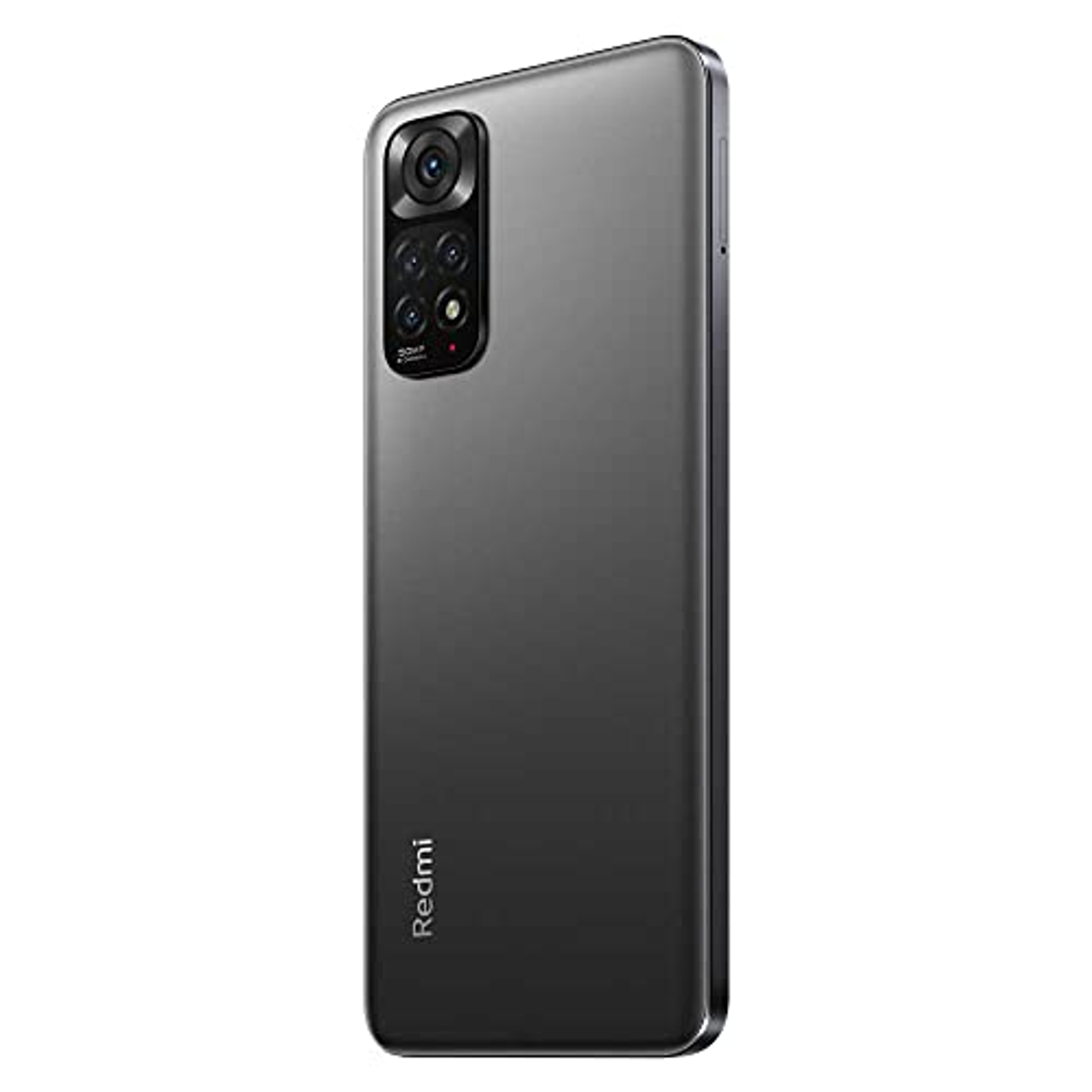 Graues Redmi-Smartphone, Rückansicht mit Kameramodul, auf weißem Hintergrund.