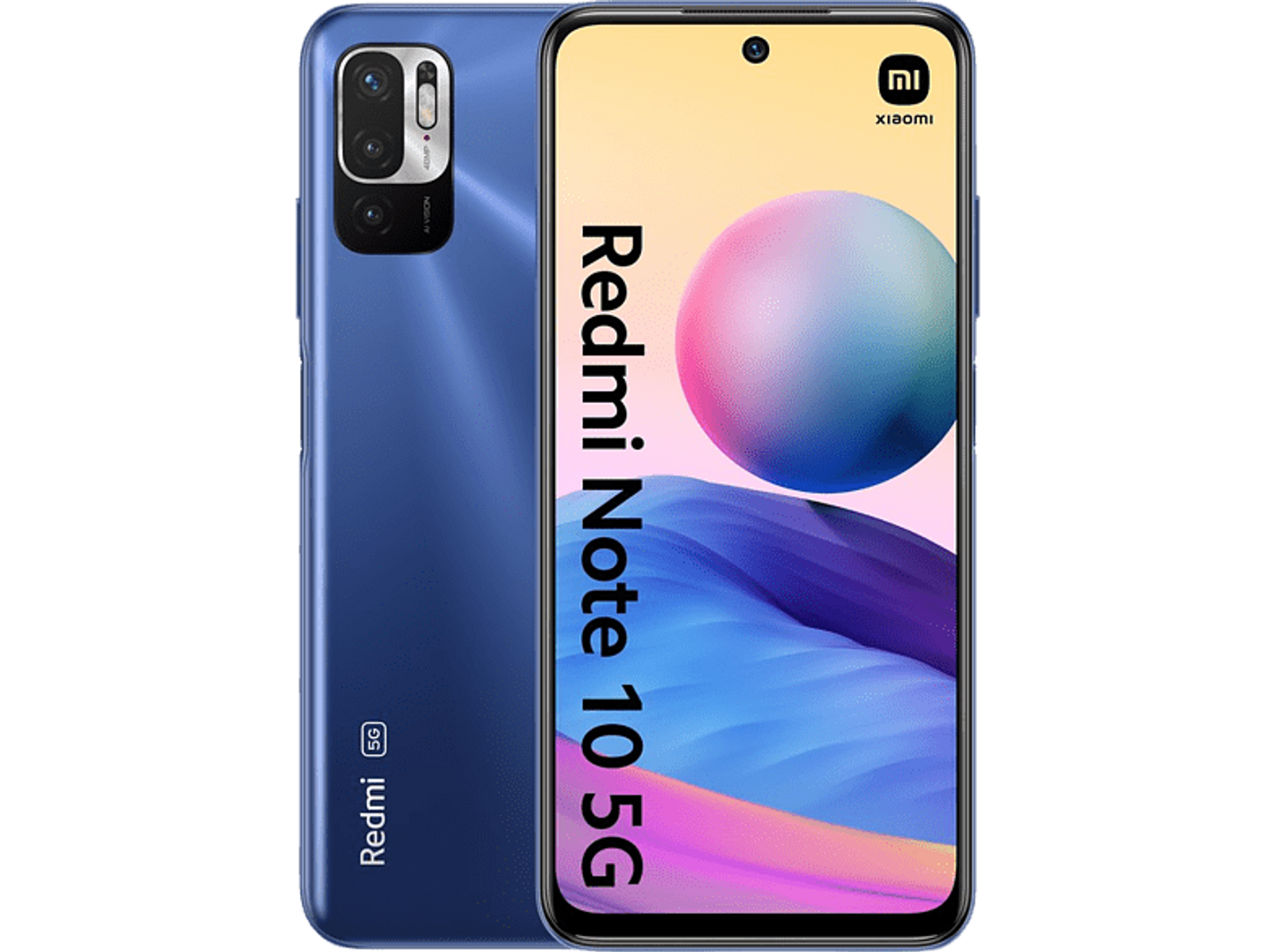 Niebieski smartfon Redmi Note 10 5G. Przedni ekran wyświetla tekst Redmi Note 10 5G. Białe tło.