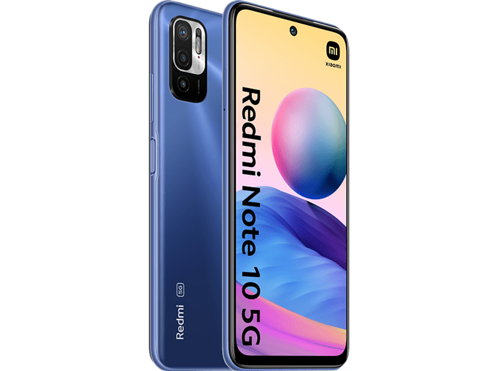 Niebieski smartfon w pozycji pionowej, wyświetlający Redmi Note 10 5G na ekranie, czarne tło.