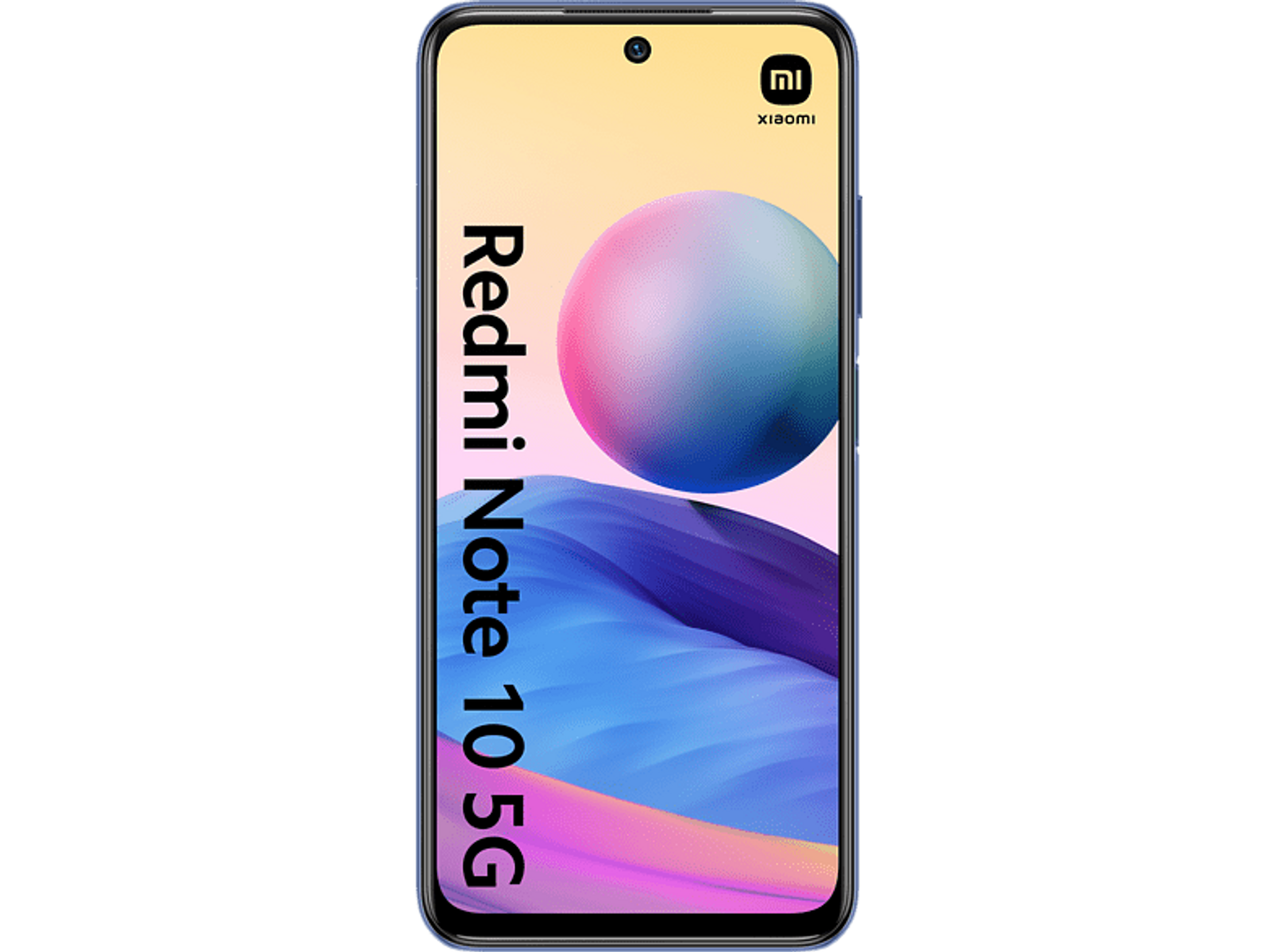 Niebieski telefon z ekranem wyświetlającym różowy i jasnożółty wzór oraz słowa 'Redmi Note 10 5G'.