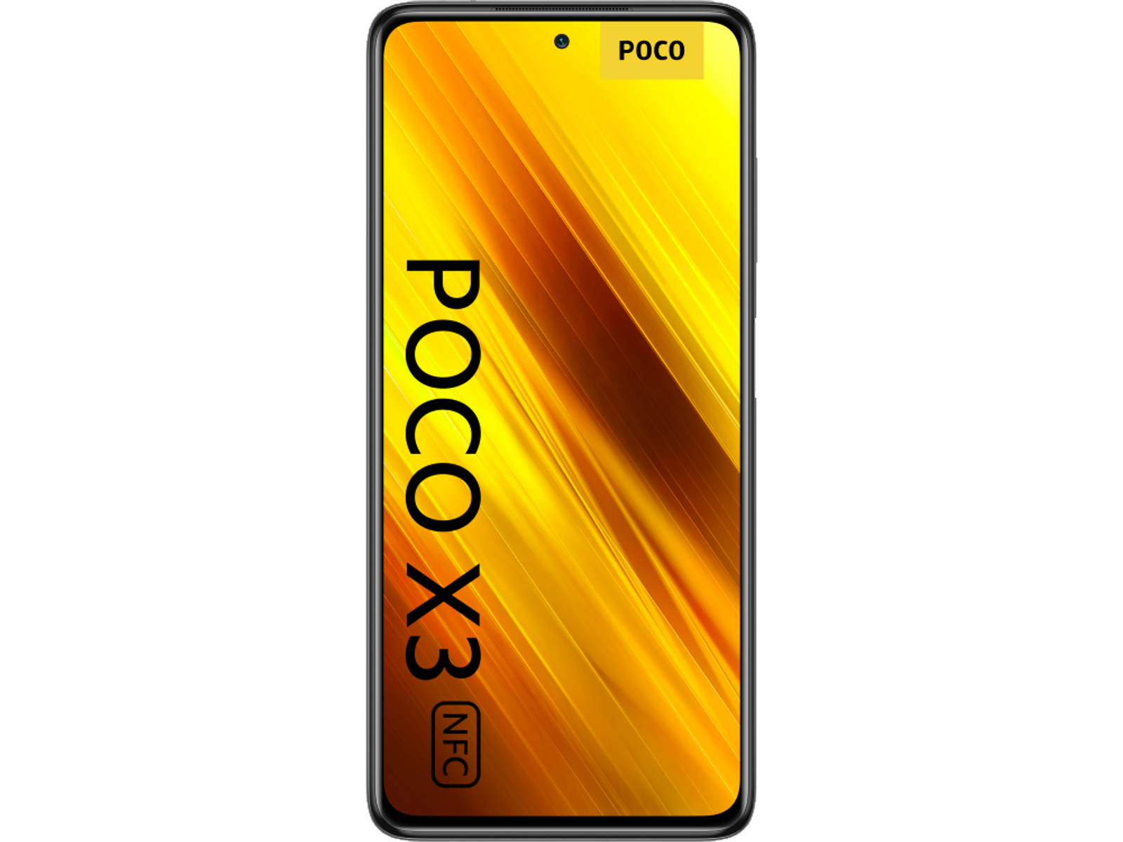 Teléfono POCO X3 NFC negro con diseño amarillo y dorado en la pantalla.