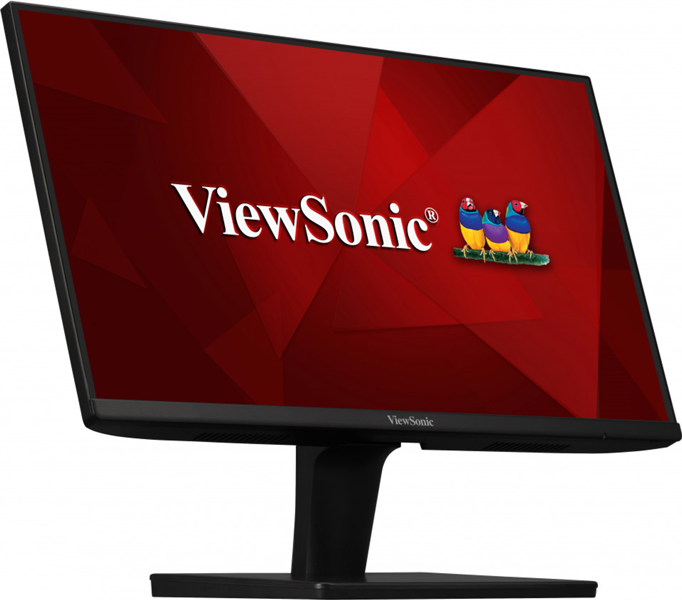 Monitor ViewSonic negro con logotipo rojo y soporte, sobre fondo blanco.