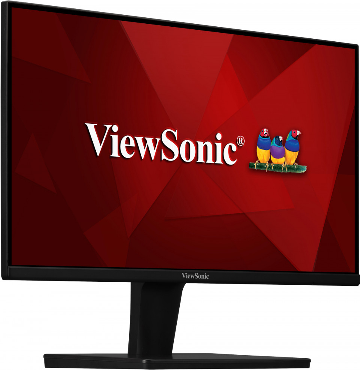 Un monitor ViewSonic con un marco negro que muestra el logotipo y los pájaros de la marca.