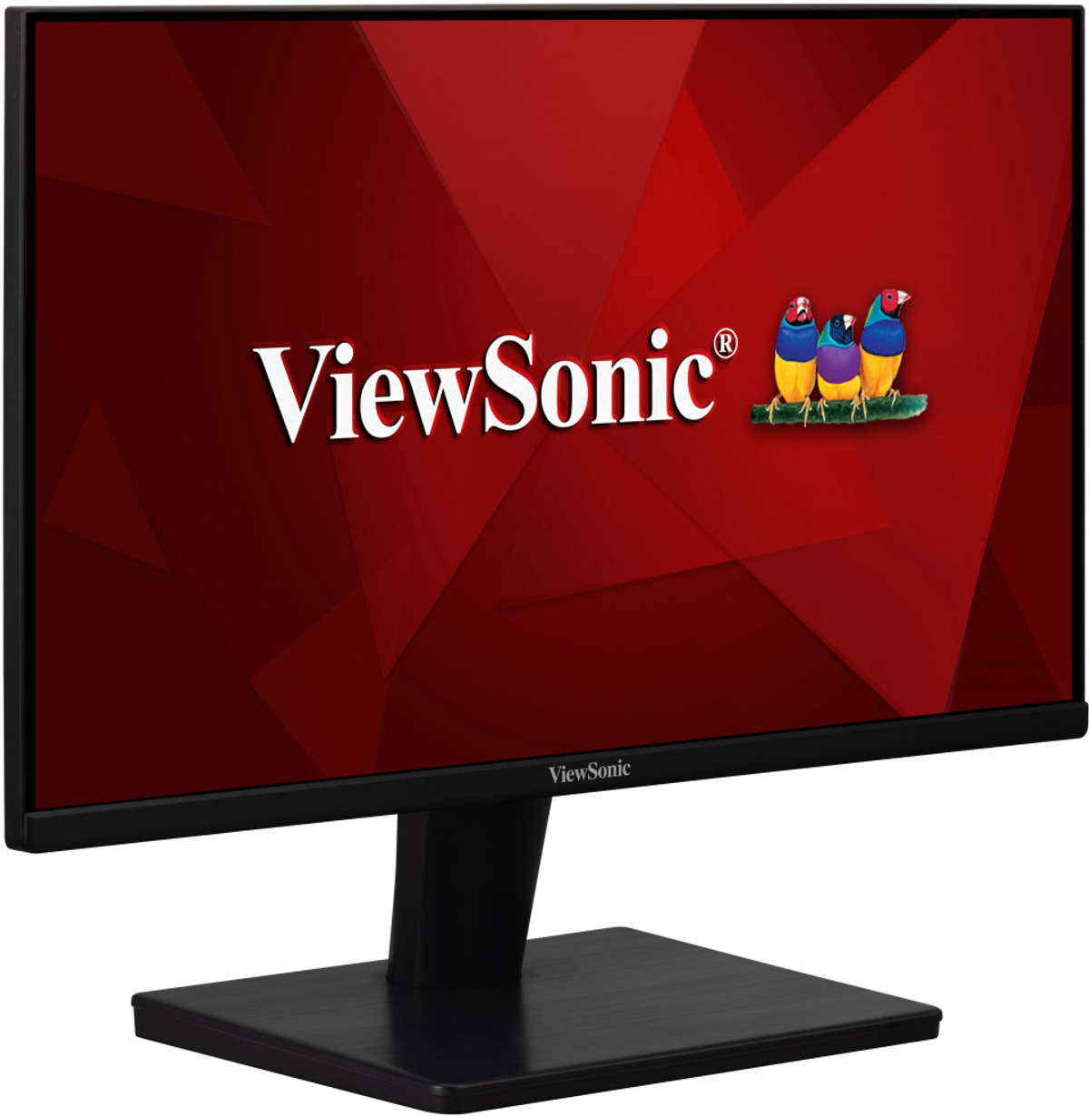 Czarny monitor ViewSonic z czerwonym tłem i logo.