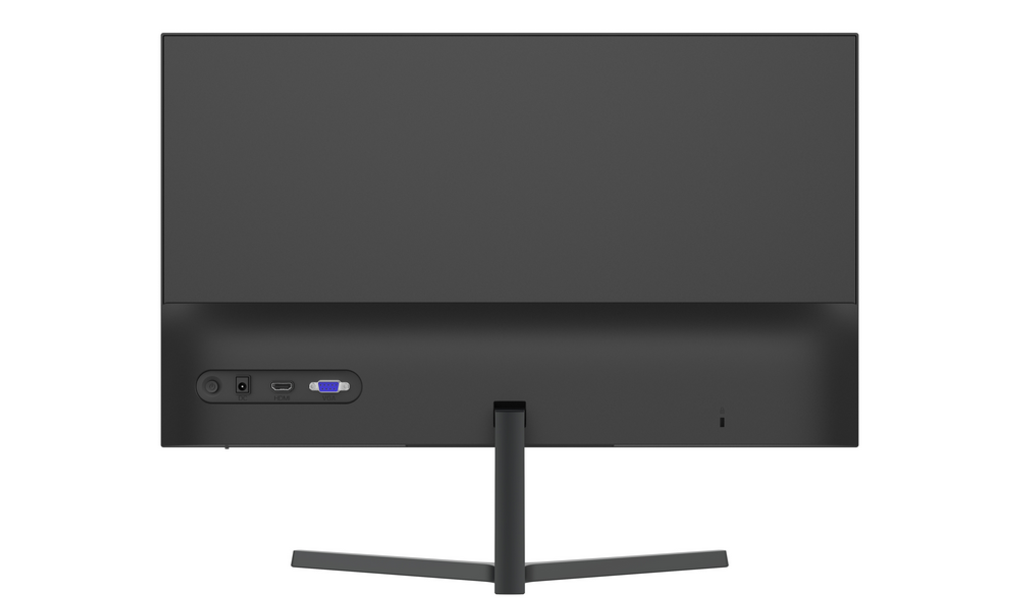 Monitor per computer nero. Vista posteriore, con porte per alimentazione, HDMI e VGA. Sfondo bianco.