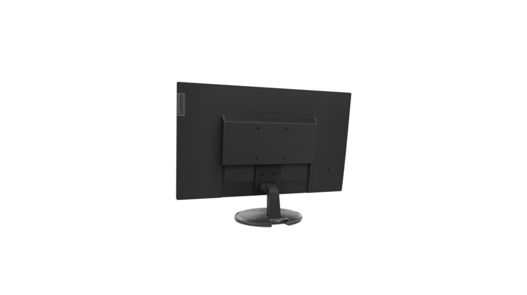 Vista posteriore di un monitor Lenovo nero. Base rotonda. Logo in alto a sinistra.