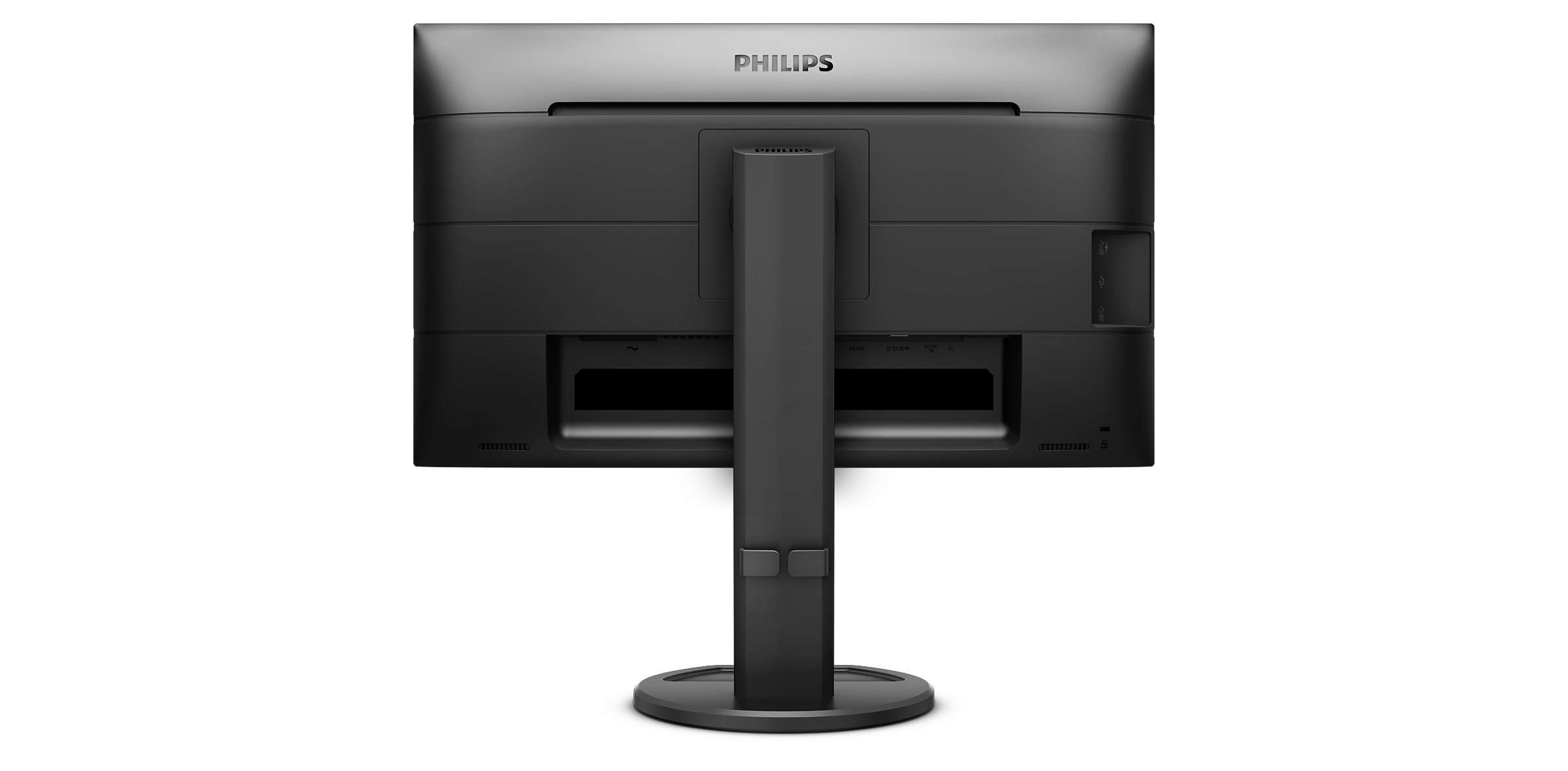 Tył czarnego monitora komputerowego ze stojakiem, pokazujący porty i logo Philips.
