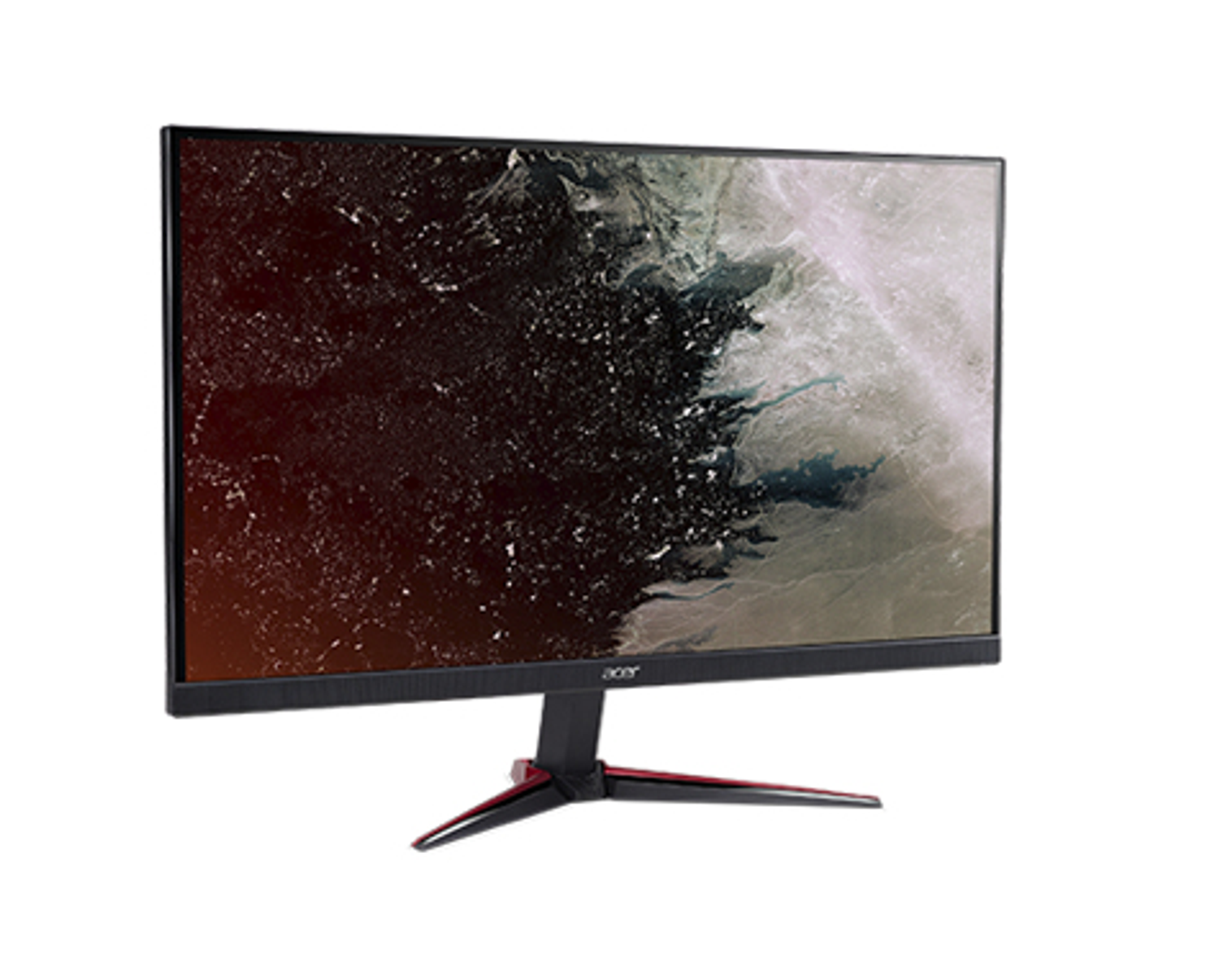 Schwarz-roter Gaming-Monitor auf weißem Hintergrund. Der Bildschirm zeigt ein buntes Bild.