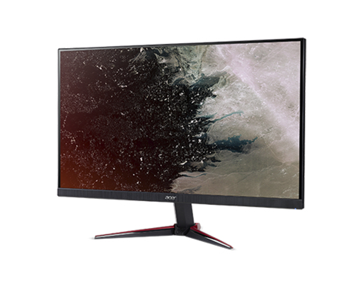 Schwarzer Acer-Monitor mit roten Akzenten auf weißem Hintergrund. Der Bildschirm zeigt ein Weltraum-Themenbild.