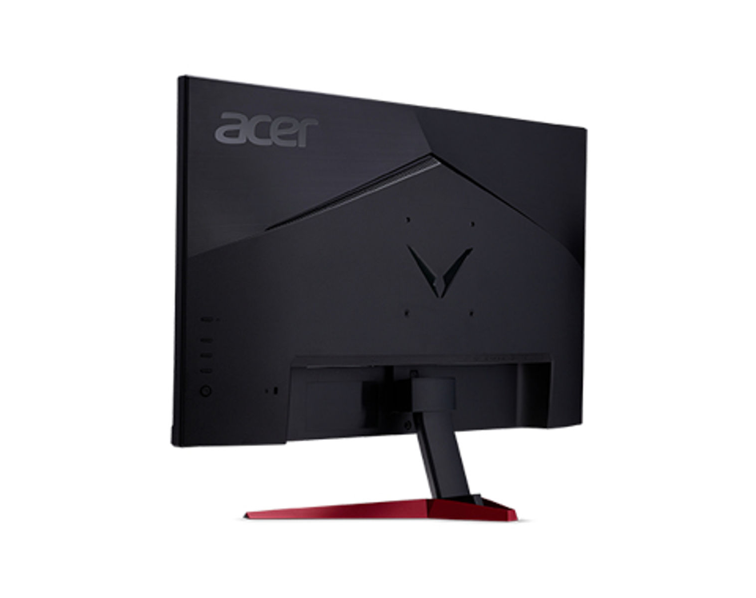 Schwarzer Acer-Monitorrücken mit roter Standfußbasis, schwarzes V-Form-Design.