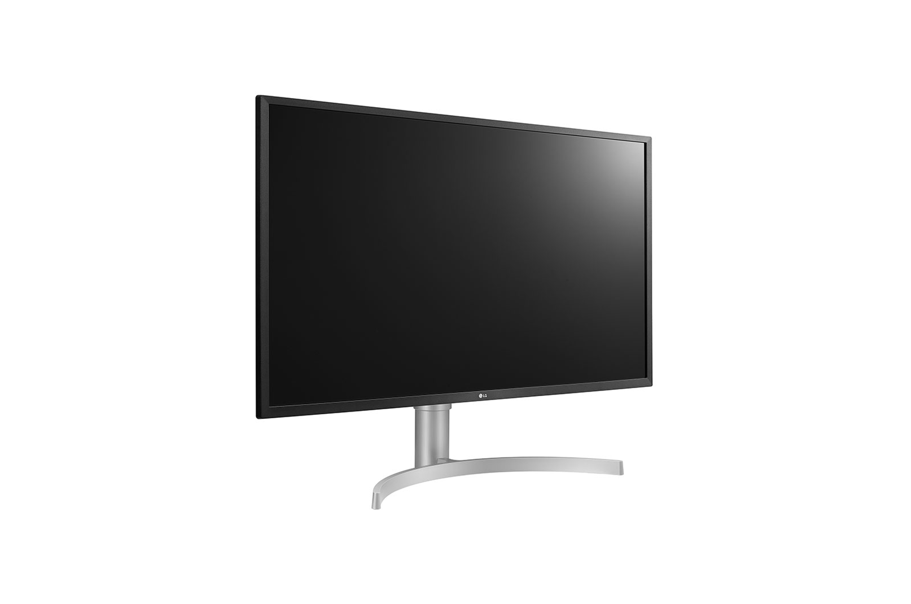 Monitor LG. Pantalla negra, soporte plateado. Fondo blanco.