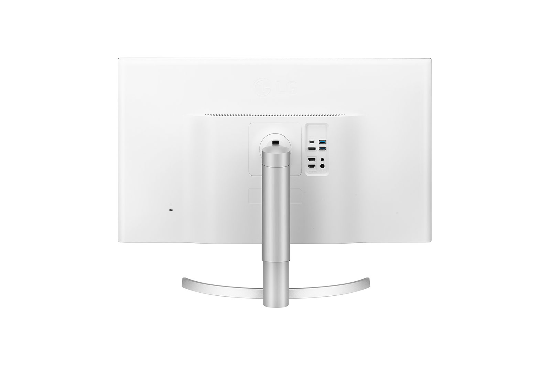 Parte trasera de un monitor blanco con puertos y soporte.