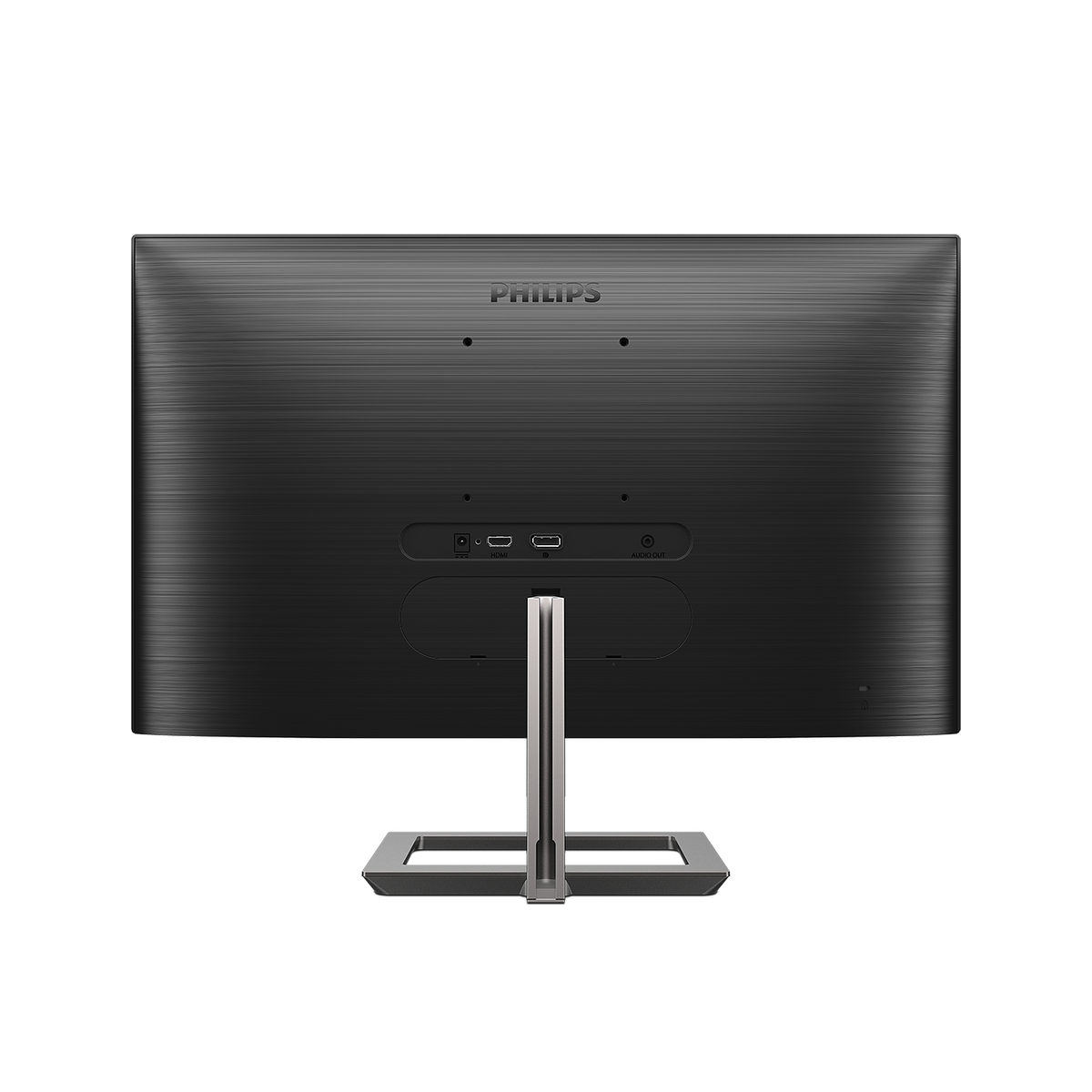 Vista posteriore di un monitor Philips, con porte di ingresso e supporto metallico.