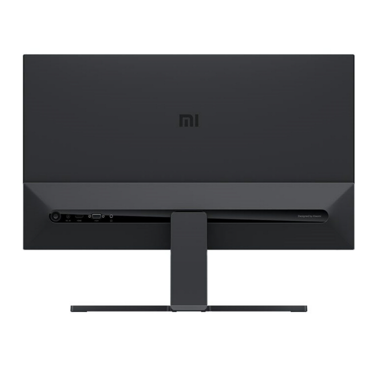 Bir standı, MI logosu ve altta çeşitli bağlantı noktaları olan siyah bir bilgisayar monitörünün arkası.