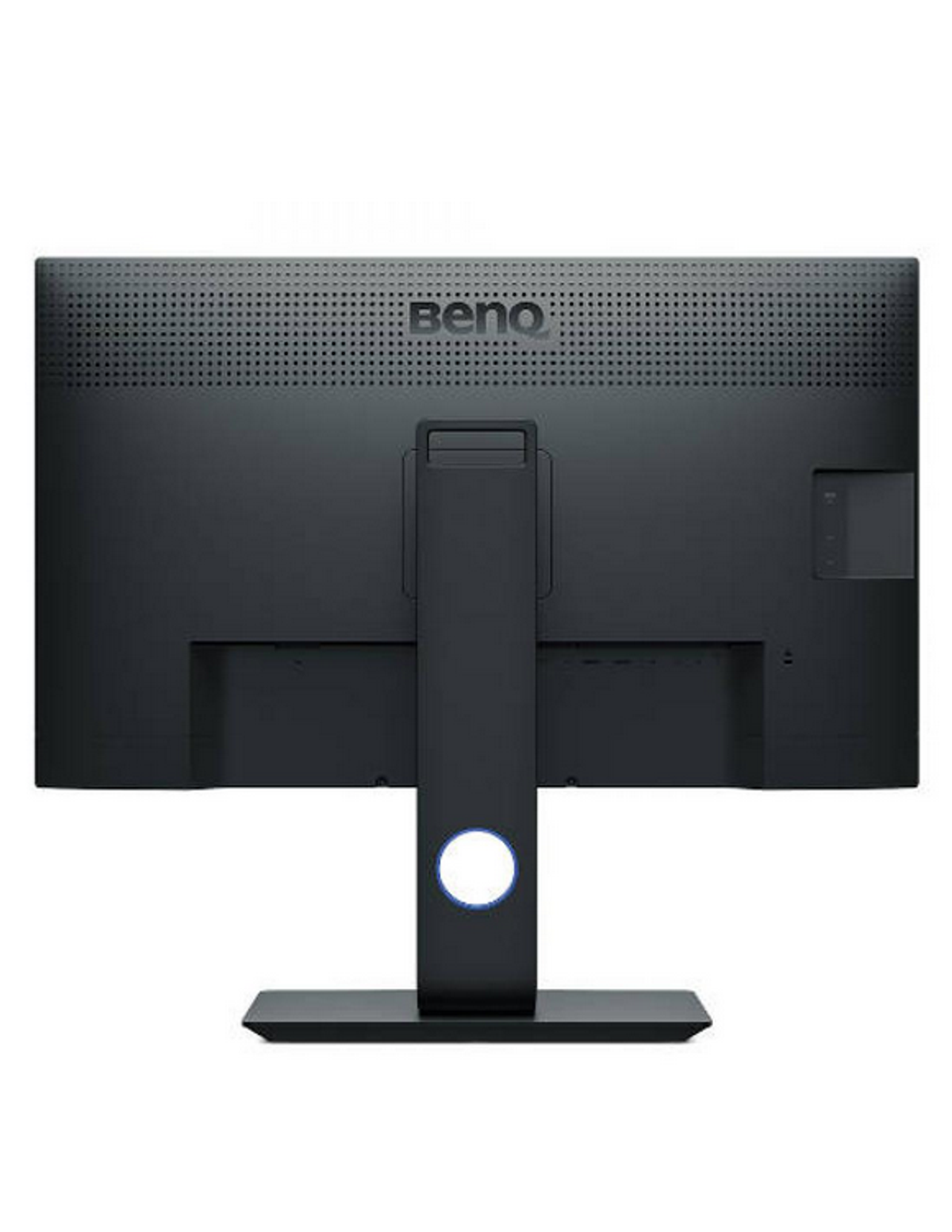 Czarny tył monitora z podstawką i okrągłym przyciskiem. Nazwa marki na górze.