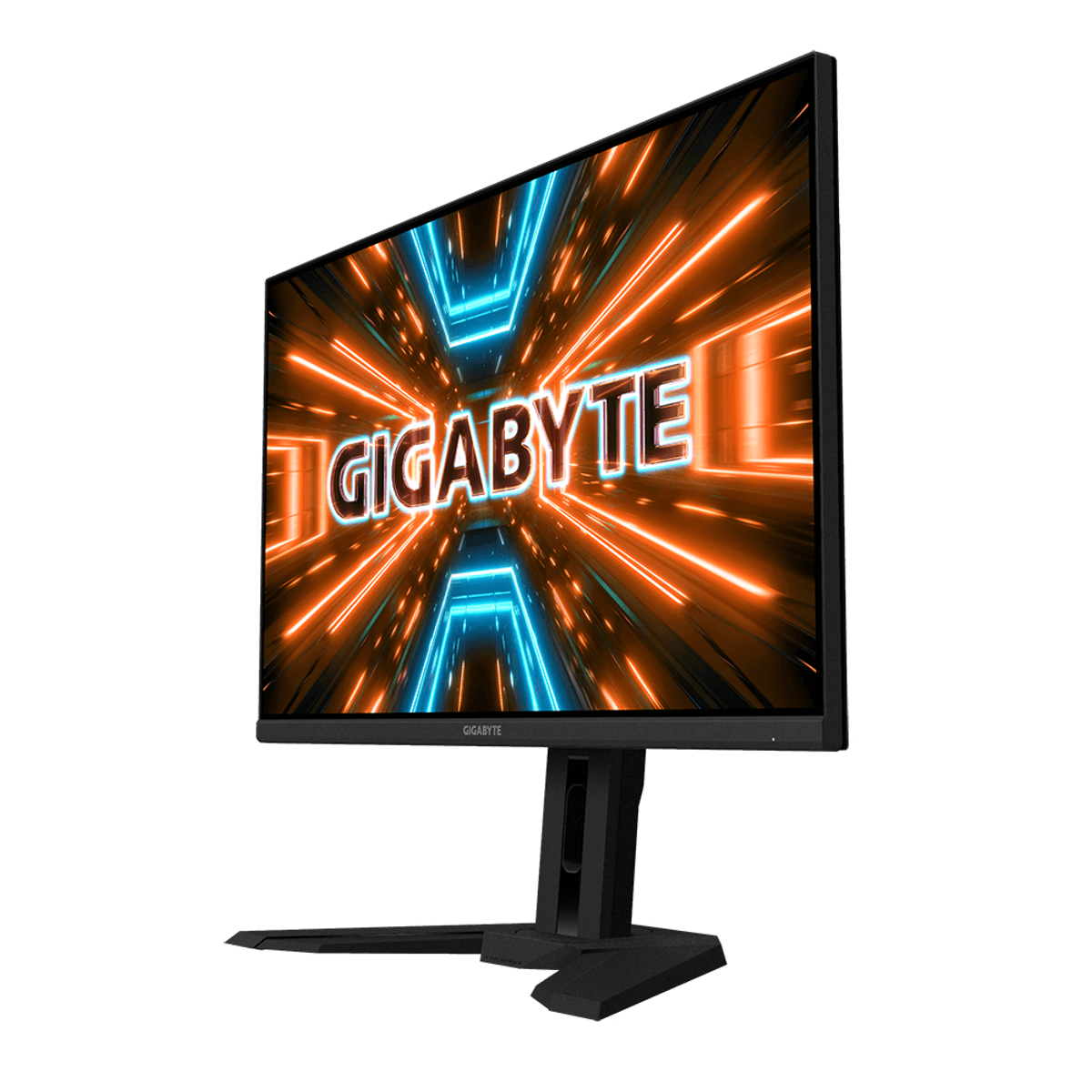 Gigabyte-Monitor, der eine farbenfrohe und abstrakte Grafik anzeigt.