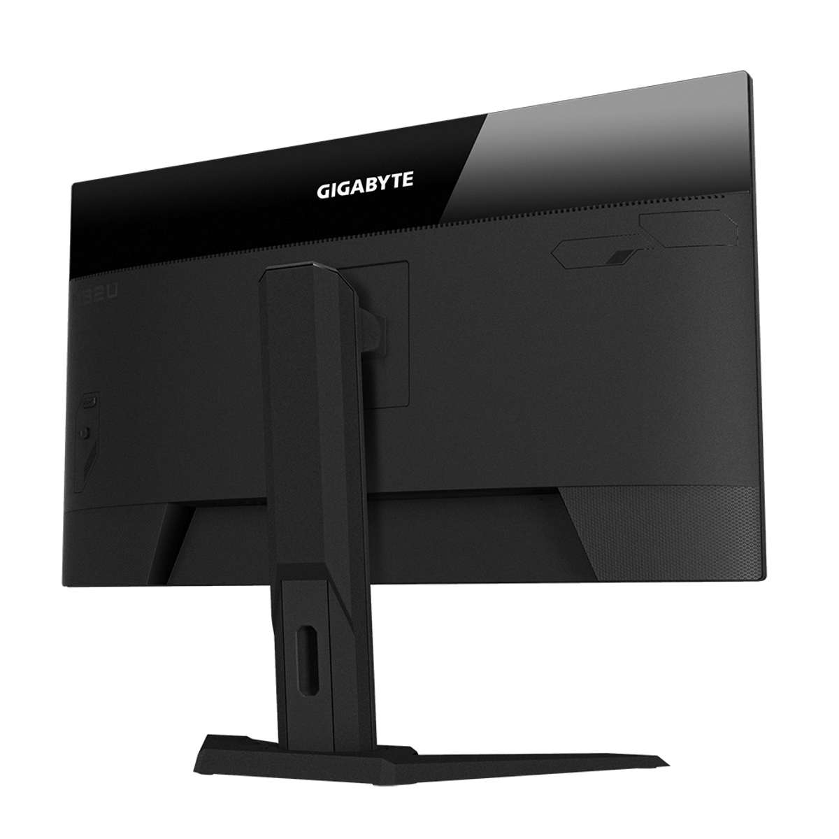 Schwarze Monitorrückseite mit Anschlüssen und GIGABYTE-Logo. Weißer Hintergrund.