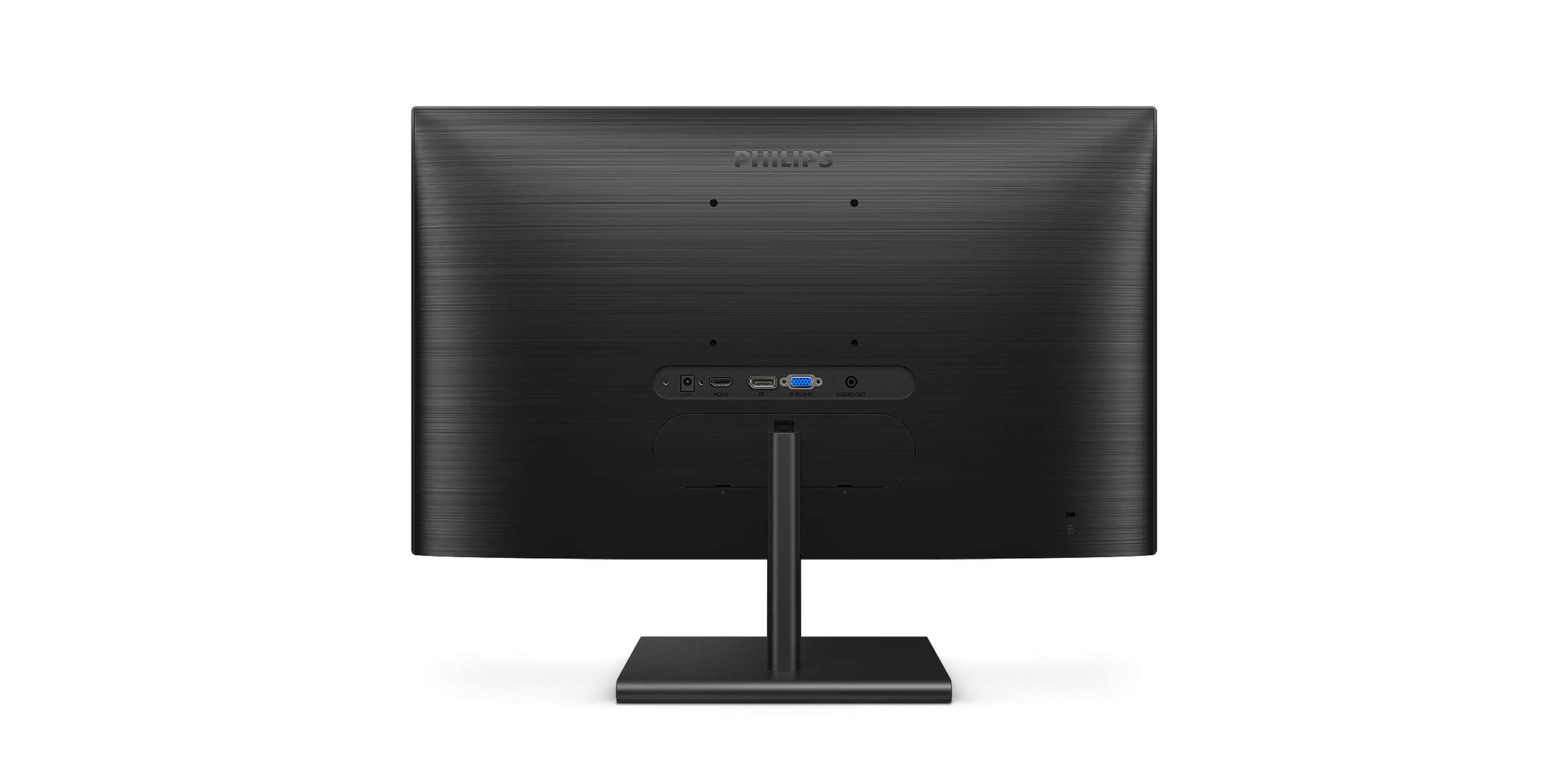 Parte trasera del monitor Philips negro. Puertos en la parte inferior. Soporte negro.